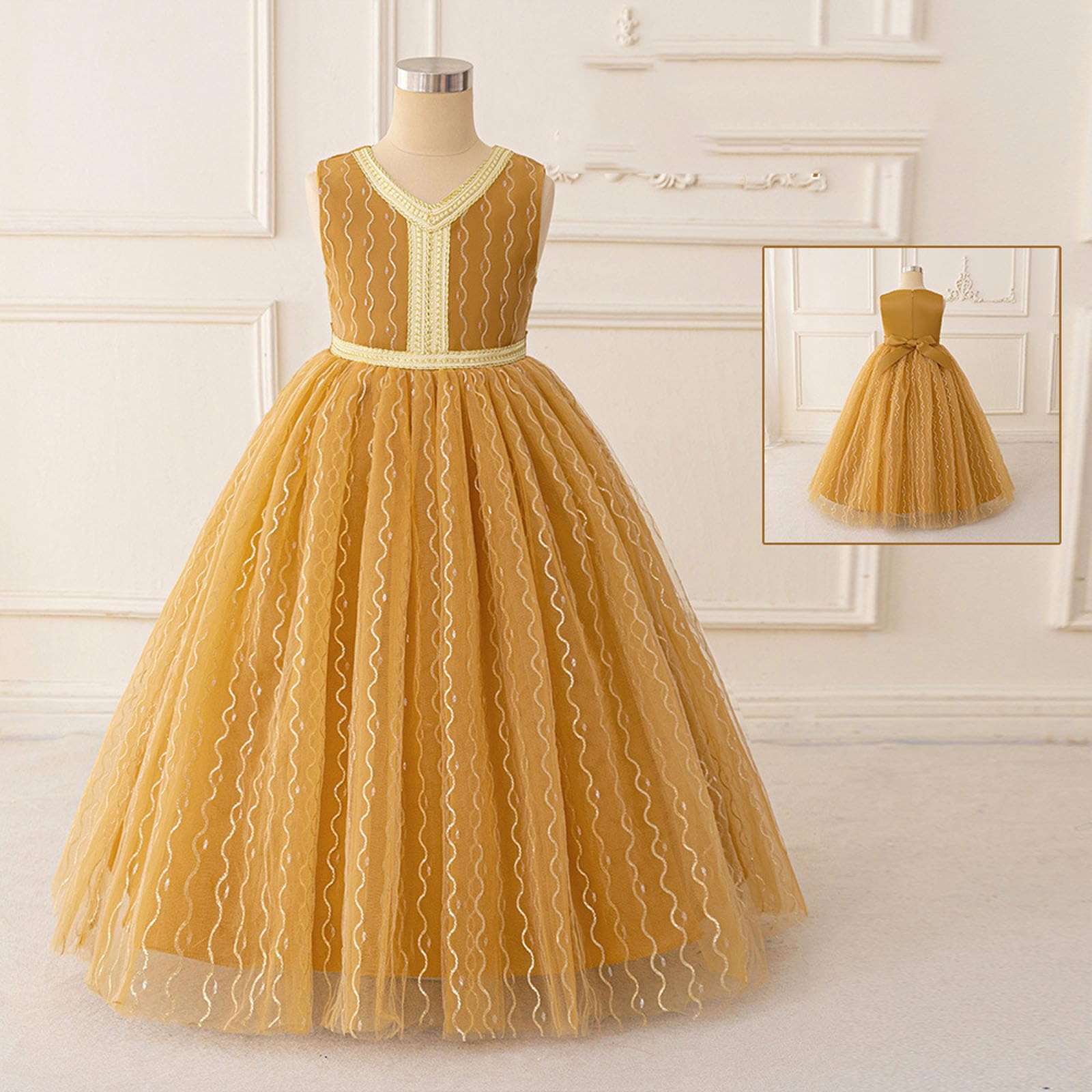 Genérico Vestido de Princesa con Bordado de Hilo Dorado para niñas, Elegante y Brillante para actuaciones Escolares y Fiestas, Falda de Tul Suave y Forro Interior cómodo, Tallas 2-12 años