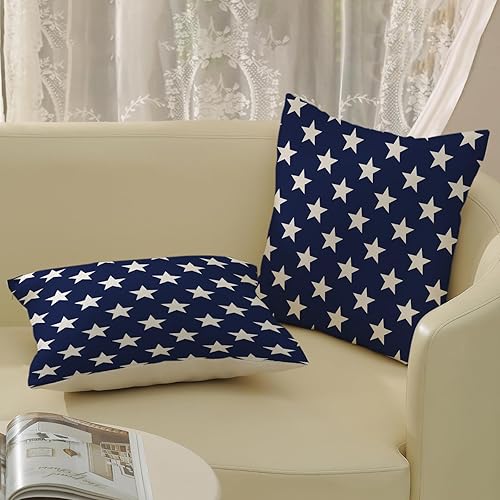 Miniatura 4 de AGAYNA Juego de 2 fundas de almohada para el 4 de julio, 18 x 18 pulgadas, diseño de estrellas patrióticas azules y crema, para decoración de