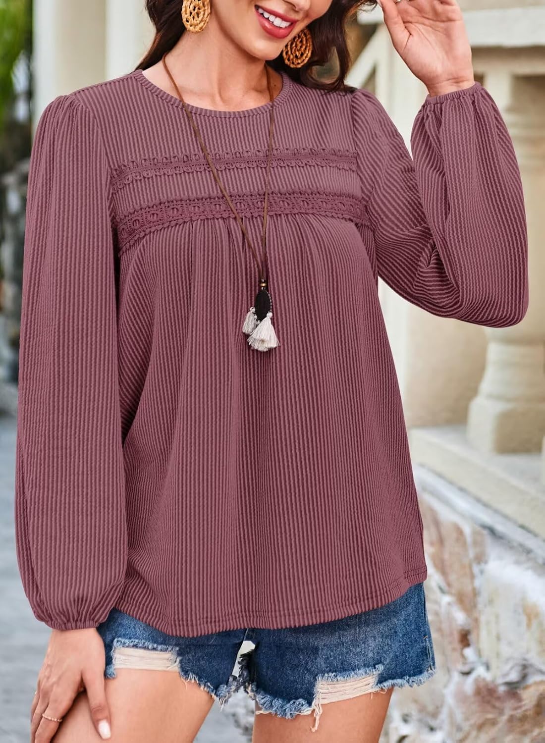 Womens Fall Tops Crewneck Long Sleeve Striped Shirts Dressy Casual Ribbed Blouses Flowy Hem Boho Clothing 2025 - Image 2