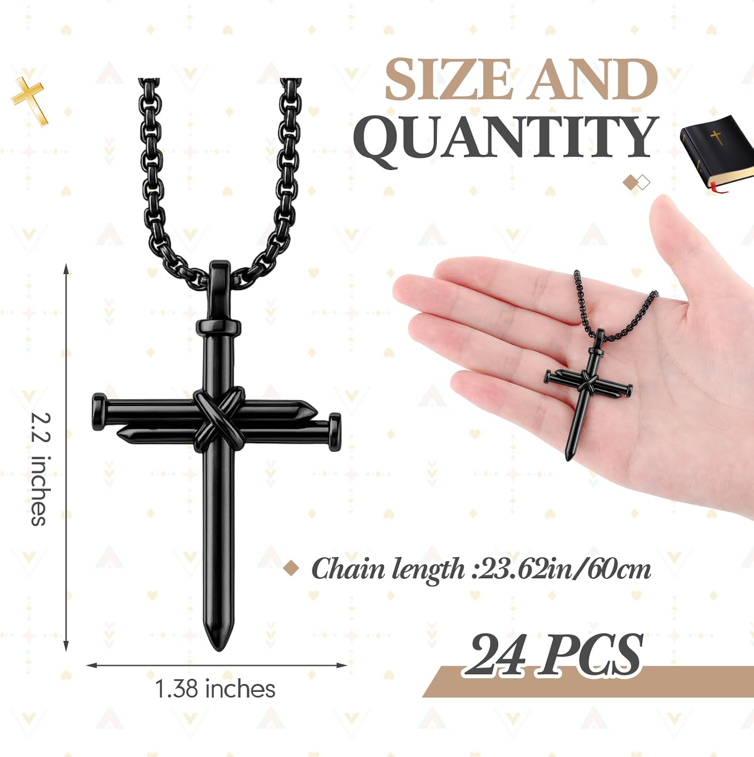 Liliaafar Christian Cross Necklace for Men Stainless Steel 24 Inch Nail Cross Necklace Jesus Christian Gift First Communion