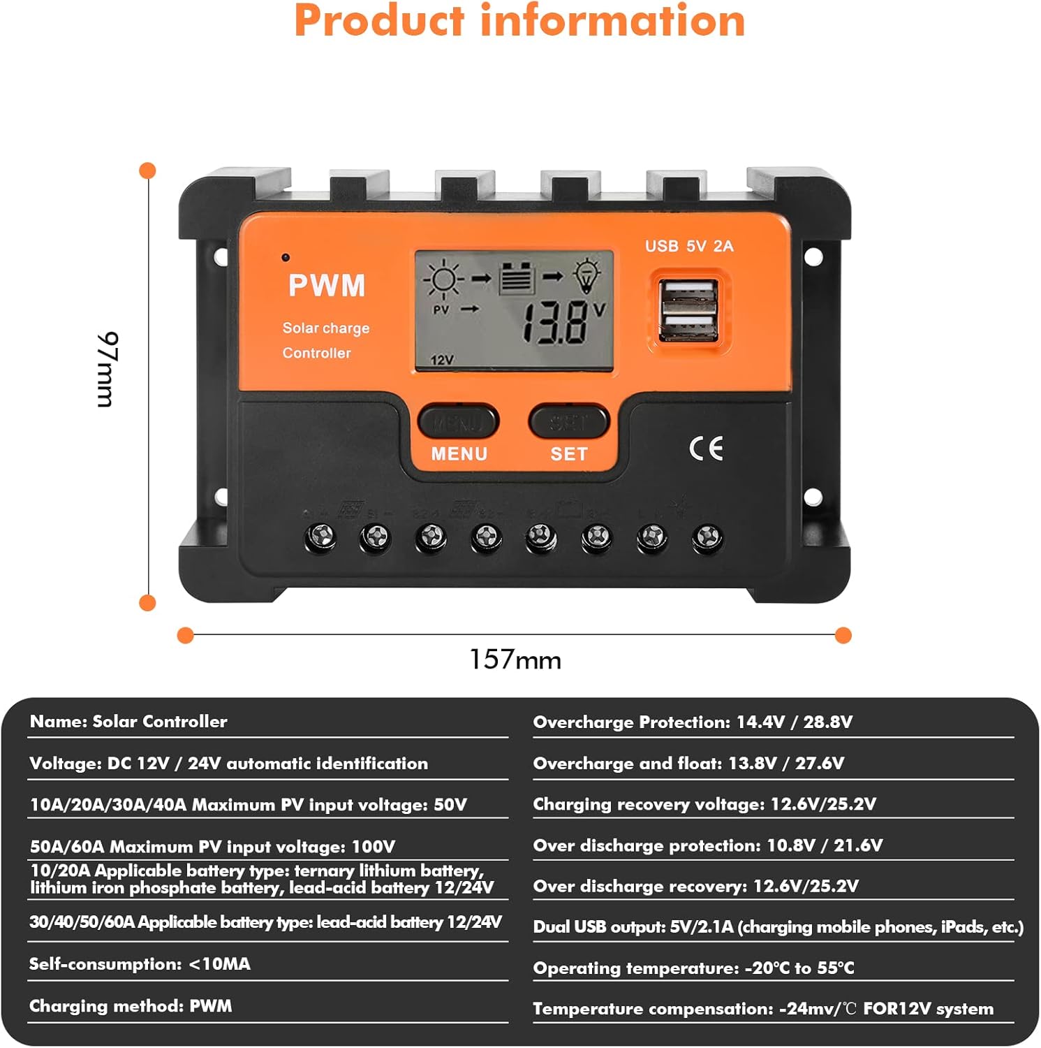 Sequence of LCD display screens on the solar charge controller showing main interface, float voltage, undervoltage recovery discharge voltage, battery type, load mode, and low voltage protection voltage.