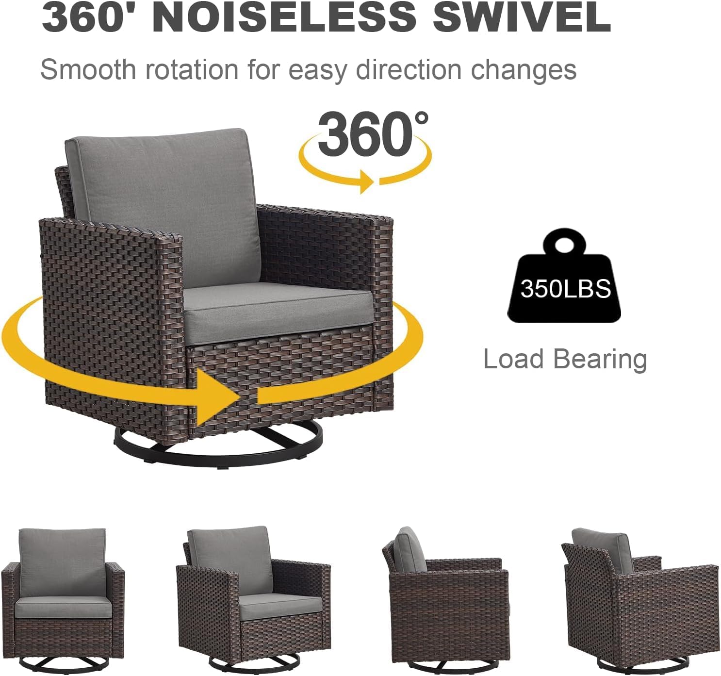 Wicker Patio Furniture Set: 5Piece Outdoor Patio Furniture Set with Swivel Chairs, Includes 2 Swivel Patio Chairs, 1 Outdoor Couch and 2 Ottoman, Brown/Grey