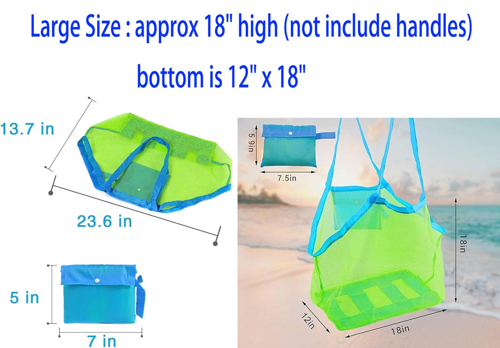 YIHUANYIFA Extra Large Mesh Beach Bag Sand Toy Bag For Holding Beach Toys Towels Quick Dry Net Tote Bag Pool Market Grocery Picnic Storage Tote Backpack (Blue)