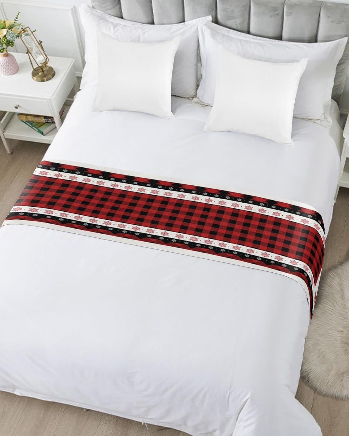 Teamery Bed Runners & Scarves, Christmas Red Black Lattice Snowflake Border Bed Runner, Bed Scarf Protector Decorative Accent Bedding Scarf for Hotels Homes and Guestrooms, 102 x 20 inches