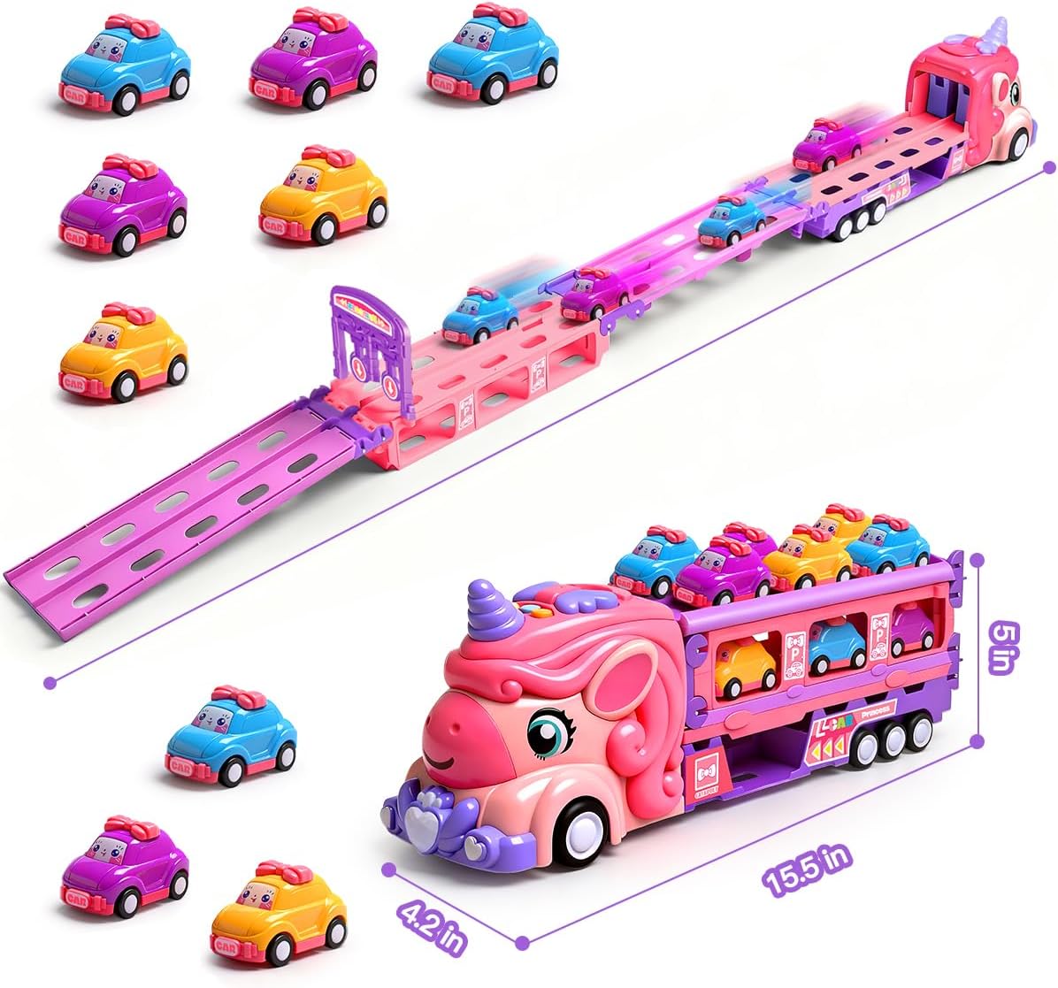 Unicorn Car Toys for Age 3 4 5 6 Year Old Toddler Girl, Foldable Track & 2 Player Race Mode Game, Light & Sound Push Transport Carrier Truck W/ 9 Princess Toy Cars, Birthday Gift for Girls Age 4-6