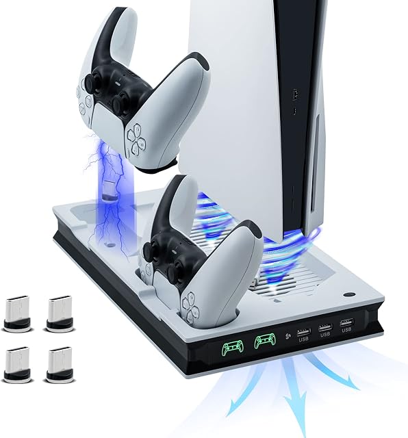 Vertical PS5 Cooling Charger Stand, Mcbazel Multifunctional LED Cooling Stand with Dual Controller Charging Station for PS5 Console UHD/Digitial Edition - White/Black