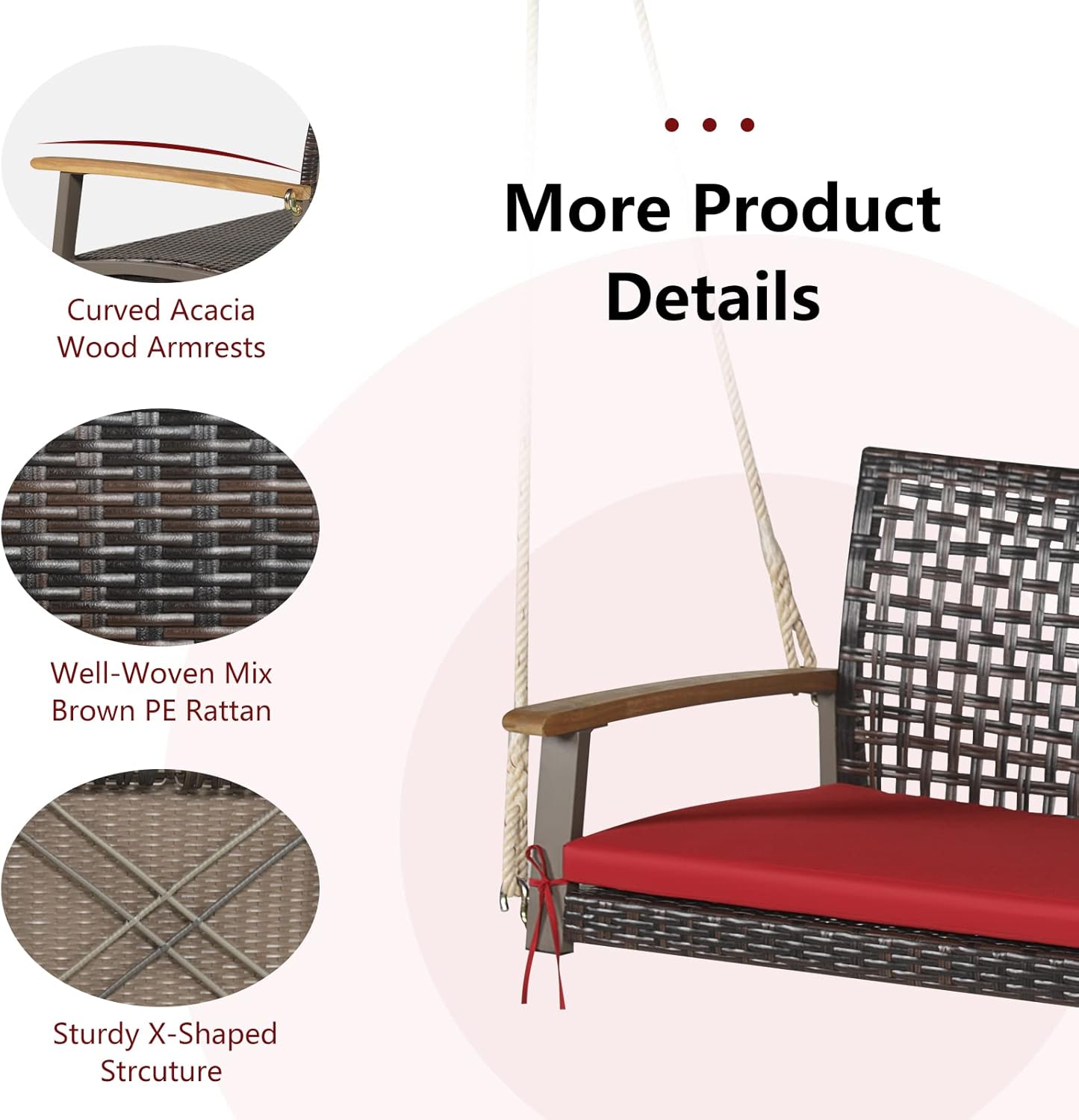 Tangkula 2 Person PE Wicker Porch Swing Bench, Outdoor Hanging Swing with Soft Seat Cushion and Hanging Ropes(Length of 118" for Each Chain), 800 LBS Weight Capacity