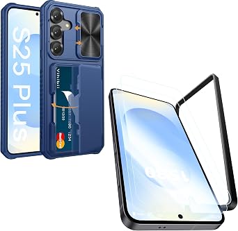 Vihibii for Samung Galaxy S25 Plus Case with Card Holder & Screen Protector [2 Pack] & Slide Camera Cover, Bulit-in 9H Hardness & HD Tempered Glass Film with Easy Installation Tool 6.7", Blue