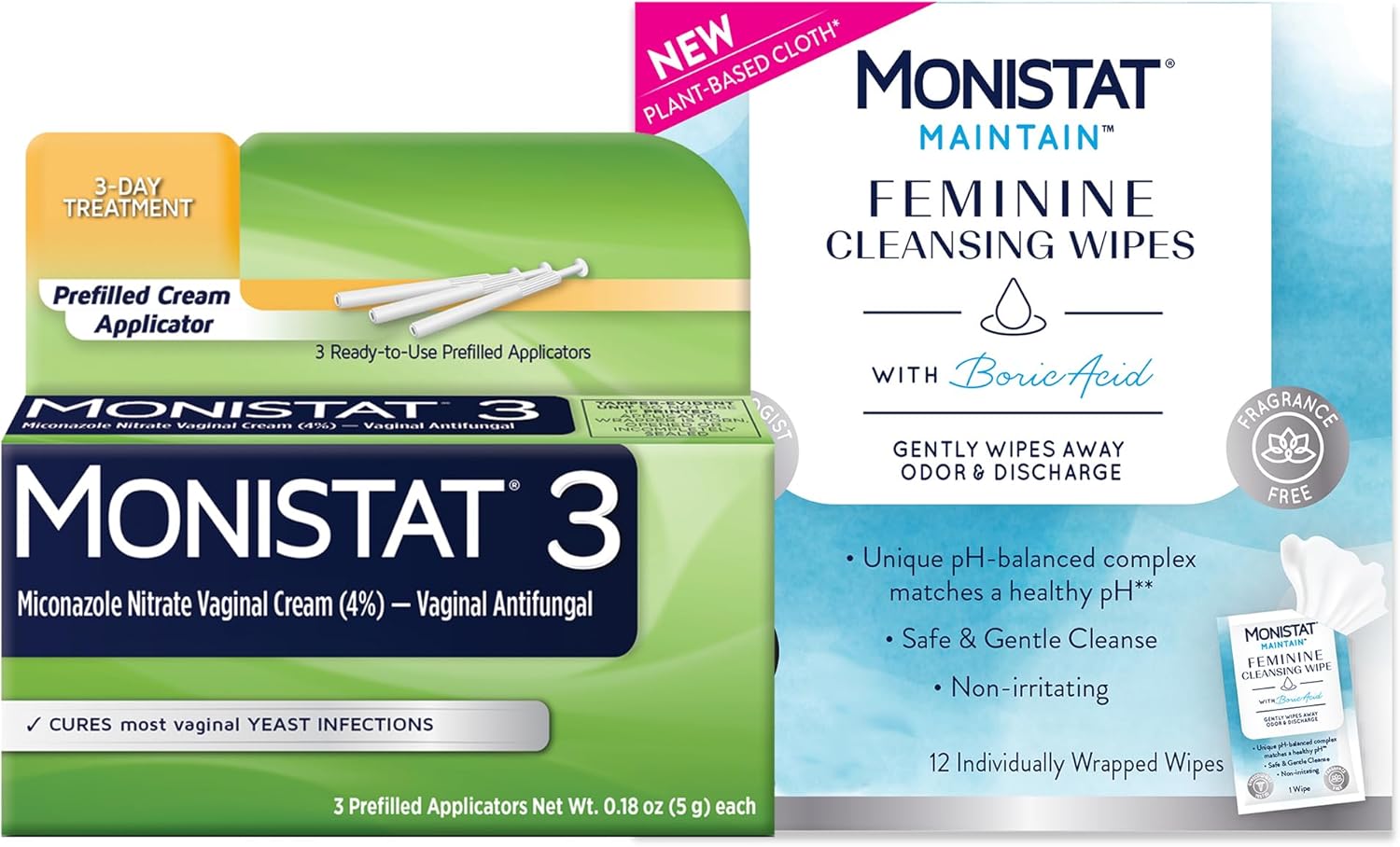 Monistat 3 Day Yeast Infection Treatment for Women with 3 Miconazole Pre-Filled Applicators Maintain Feminine Wipes with Boric Acid, 12 Count