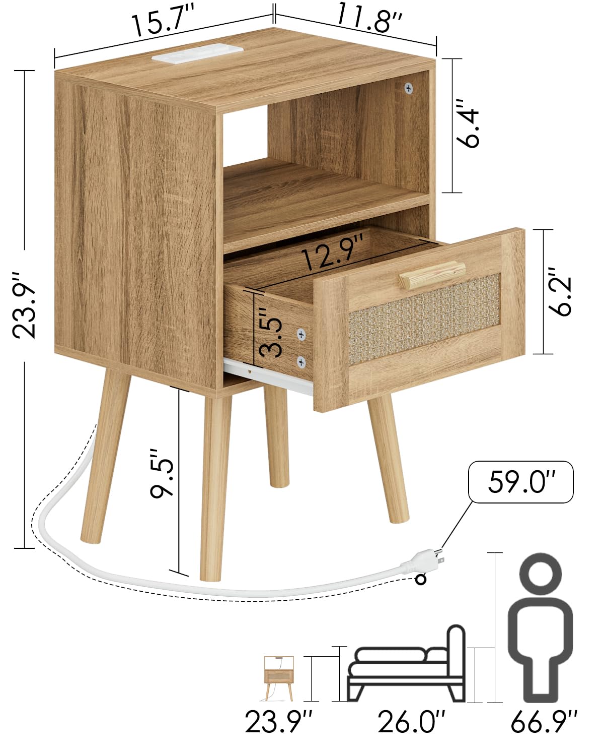 Mesita de noche de ratán con estación de carga, mesita de noche pequeña, mesa auxiliar con cajón abierto, mesa auxiliar de noche con acento de caña con patas de madera, mesita de noche moderna 2