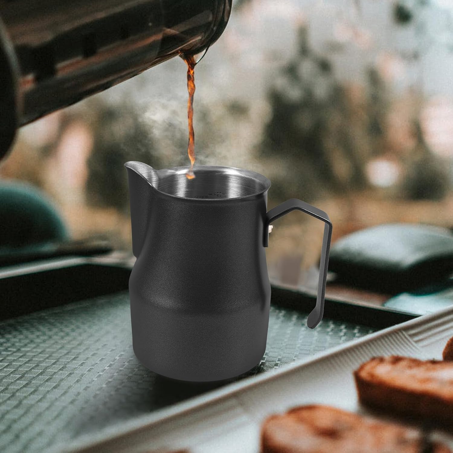 Holibanna Stainless Steel Milk Frothing Pitcher for Espresso Machines Metal Steaming Jug with Precision Spout Portable Latte Cup for Home and Professional Use Elegant Black Design