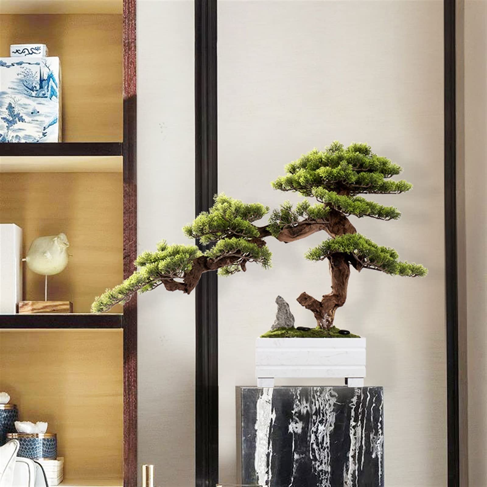 Sztuczne Drzewo, Sztuczne Rośliny Doniczkowe, Chińskie Symulacje, Powitanie, Sosna, Bonsai, Salon, Weranda, Prosta Zielona Sosna Z Białą Ceramiczną Doniczką, Sztuczne Drzewo,