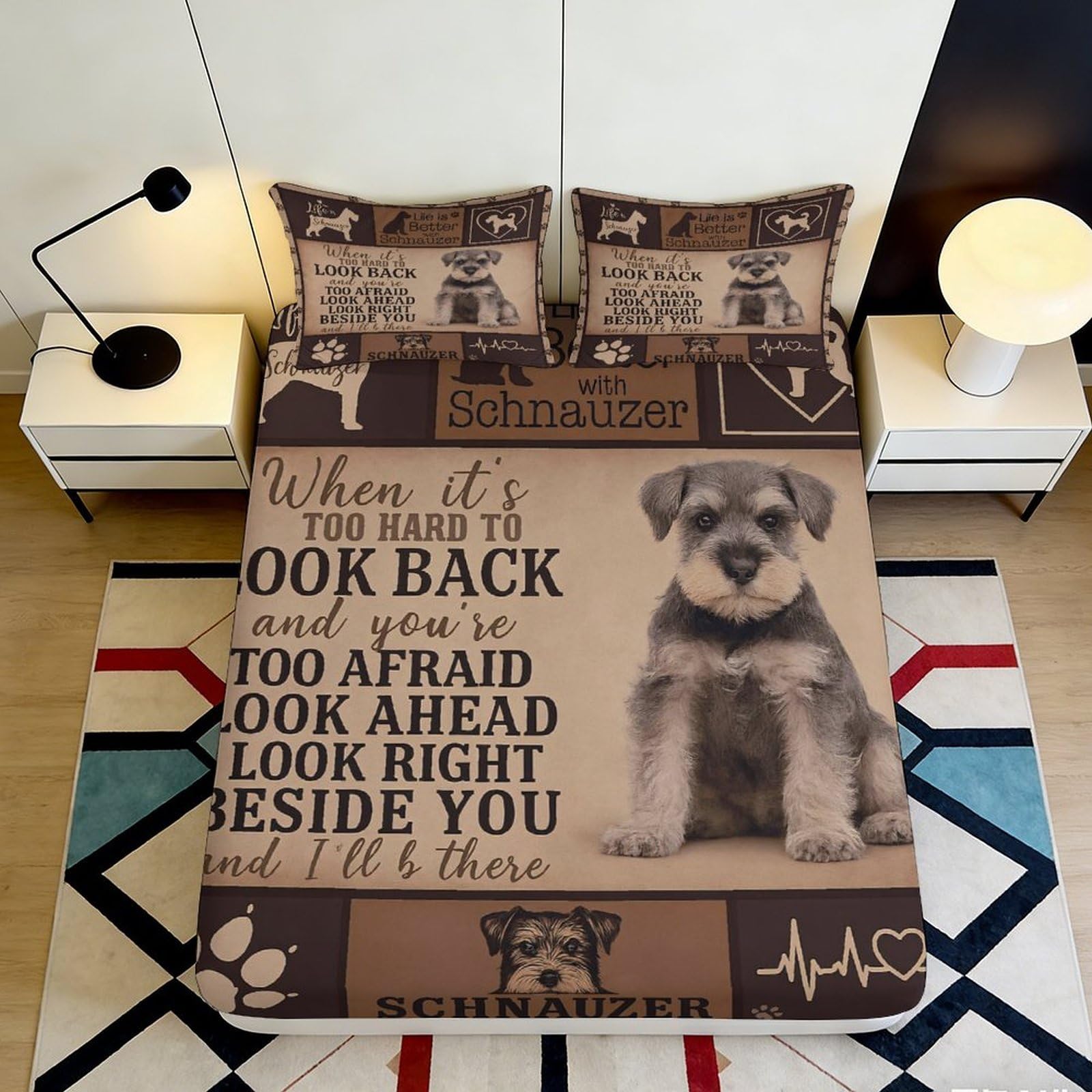 3D Printed Schnauzer Dog Fitted Sheet Microfiber Brown Bed Cover for Bedroom Décor Anti-Slip Machine Washable 90x200x25cm