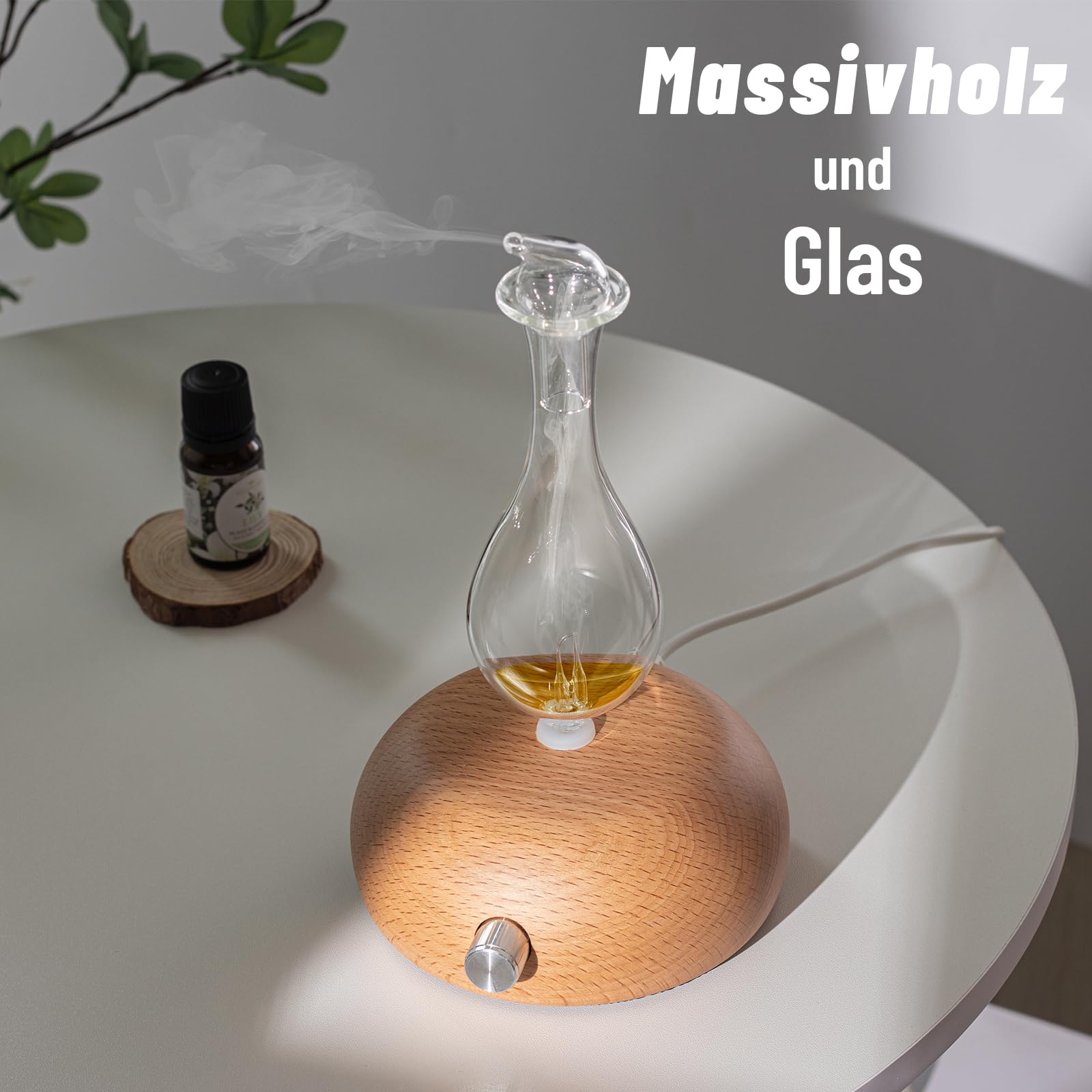 Difusor de aceite esencial puro, difusor de aromaterapia, base de madera y difusor de cristal para el hogar, sin calor, sin agua