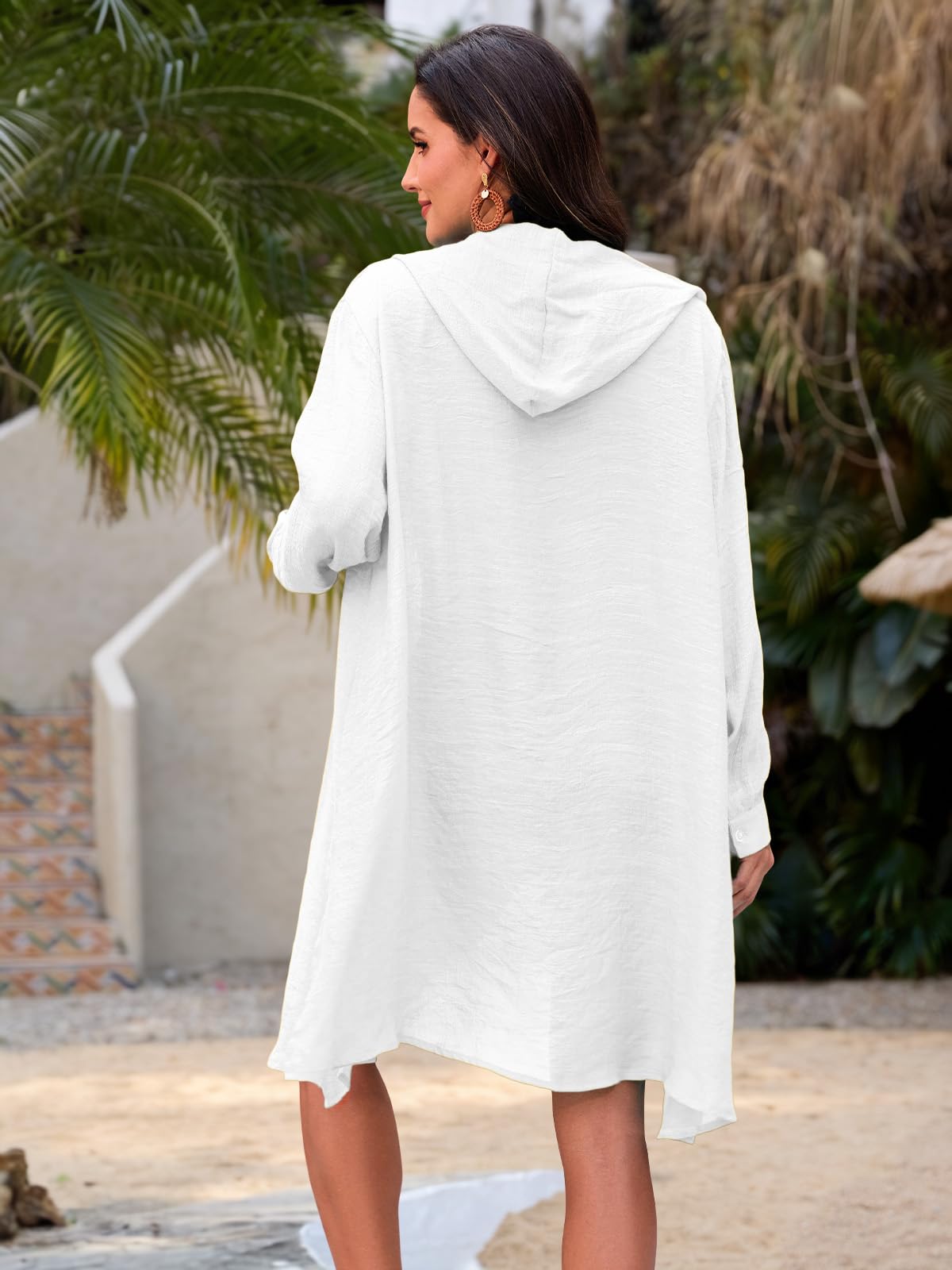 Damen Strandkleid Bikini Cover Up Mit Kapuze V-Ausschnitt Lose Size Strandkleid Casual Badeanzug Strand Vertuschen Shirt，Weiß