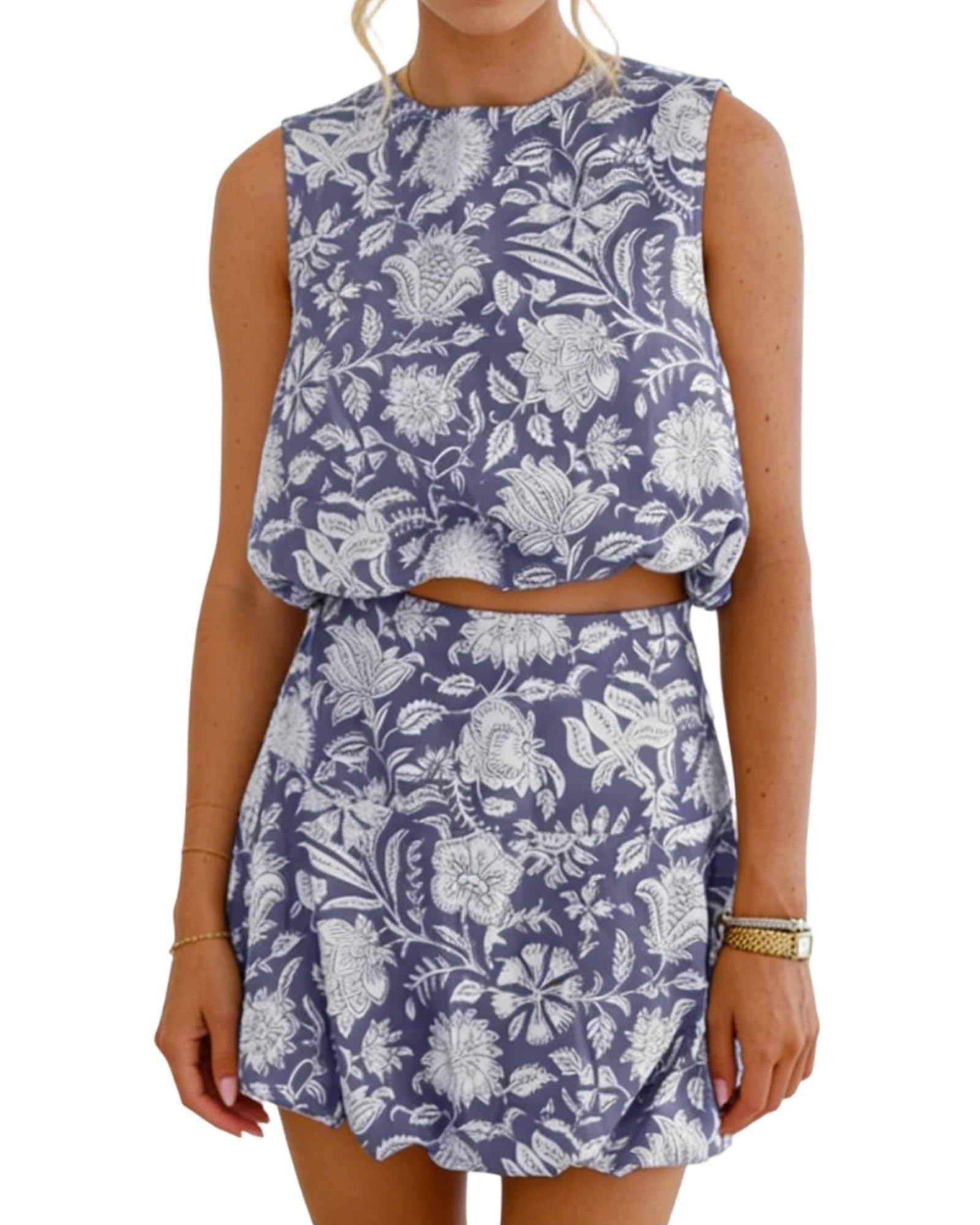 Feclmiyt Women Floral Skort Sets Sleeveless Crop Top and Bubble Mini Skirts Set (A-Purple, S)