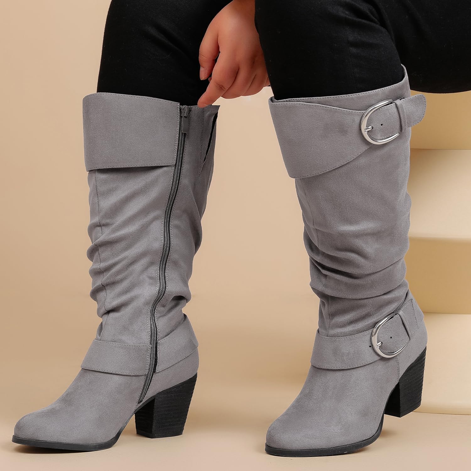Luoika Women's Extra Wide Calf Slouchy Knee High Boots, Wide Width Knee-High Boots Low Stacked Heel Side Zipper Winter Fall Tall Boots. - Image 2