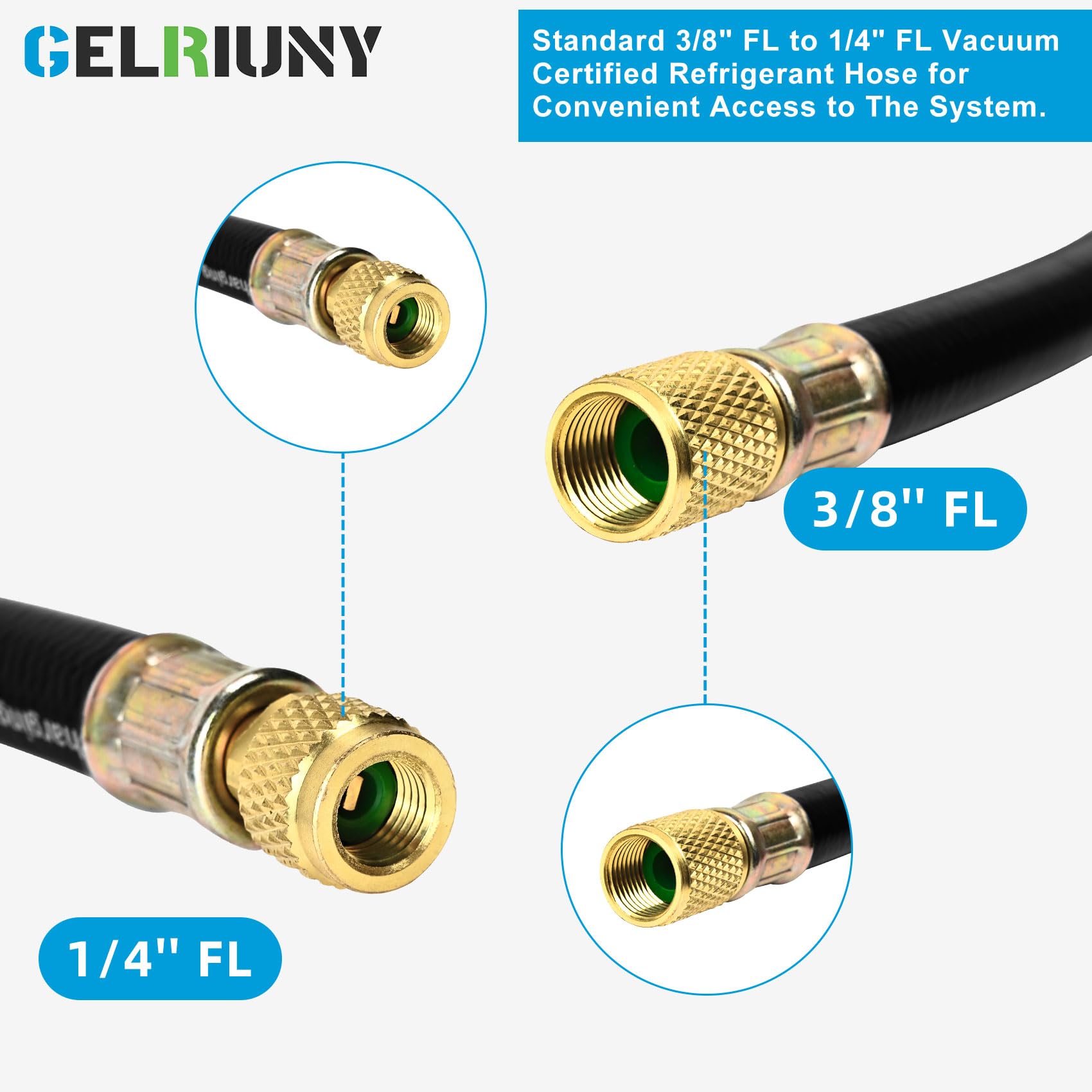 HV1S - Manguera de vacío de 3/8 pulgadas, accesorios: 3/8 pulgadas x 1/4 pulgadas, presión de trabajo: 800 (Psi), presión de ráfaga: 4000 (Psi), compatible con la mayoría de equipos de refrigeración y
