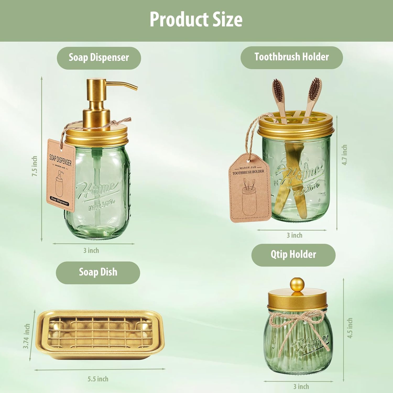 SheeChung Mason Jar Green Glass Soap Dispenser & 6Pcs Mason Jar Bathroom Accessories Set, Hand Soap Dispenser, Toothbrush Holder, Qtip Holder, Soap Dish, Gold Bathroom Decor