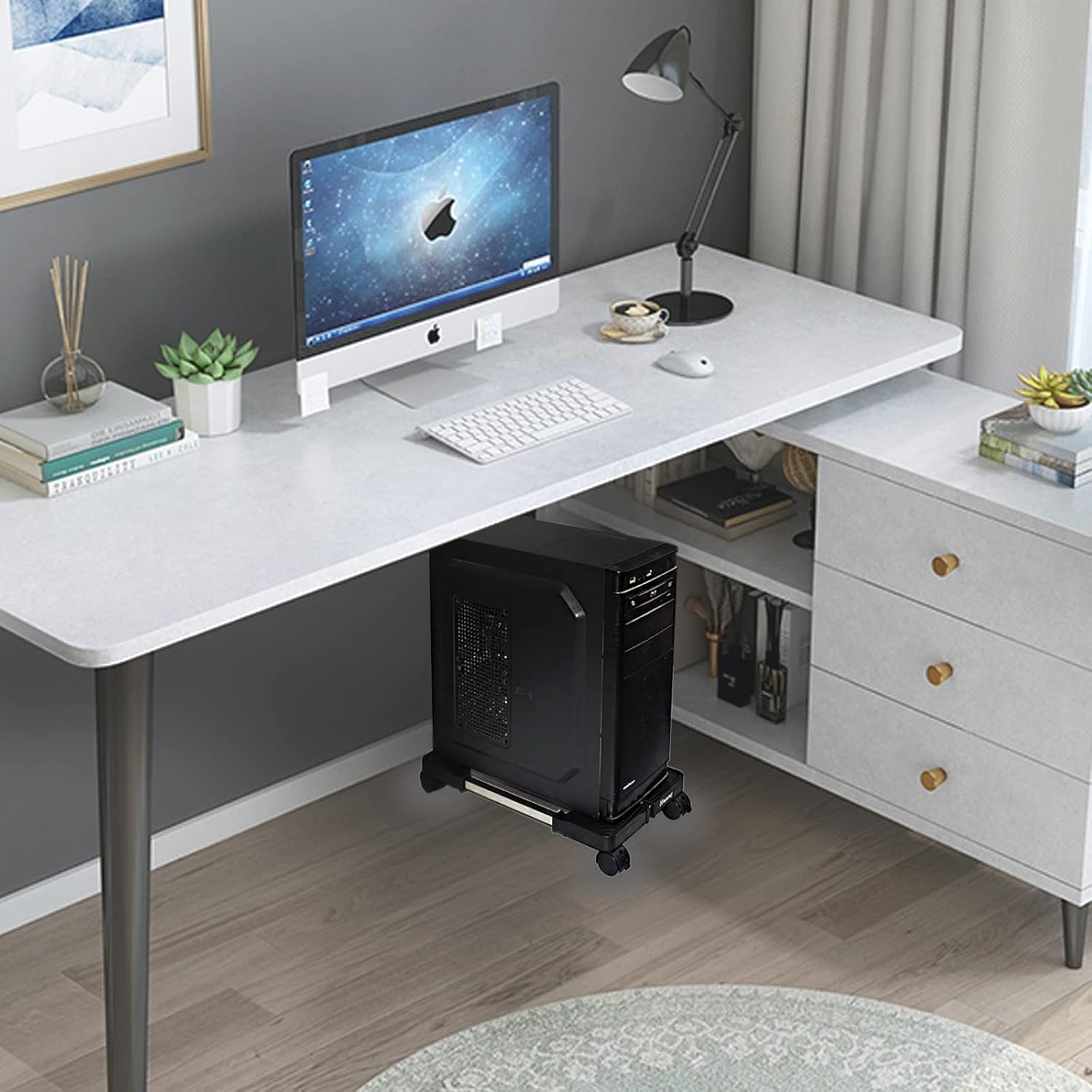Computer Tower Stand,Hmseng Adjustable Mobile CPU Stand with 4 Rolling Caster Wheels, PC Tower Stand Fits Most PC Under Desk-Black : Office Products