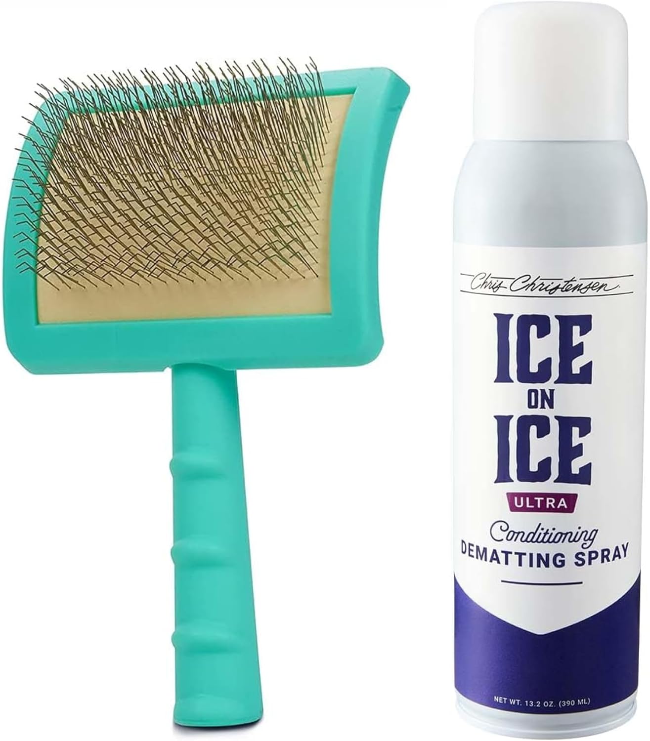 Chris Christensen Universal Large Slicker Brush with Soft Pins, Teal - Ice on Ice Ultra Conditioning Dematting Spray, Made in USA, 8 oz