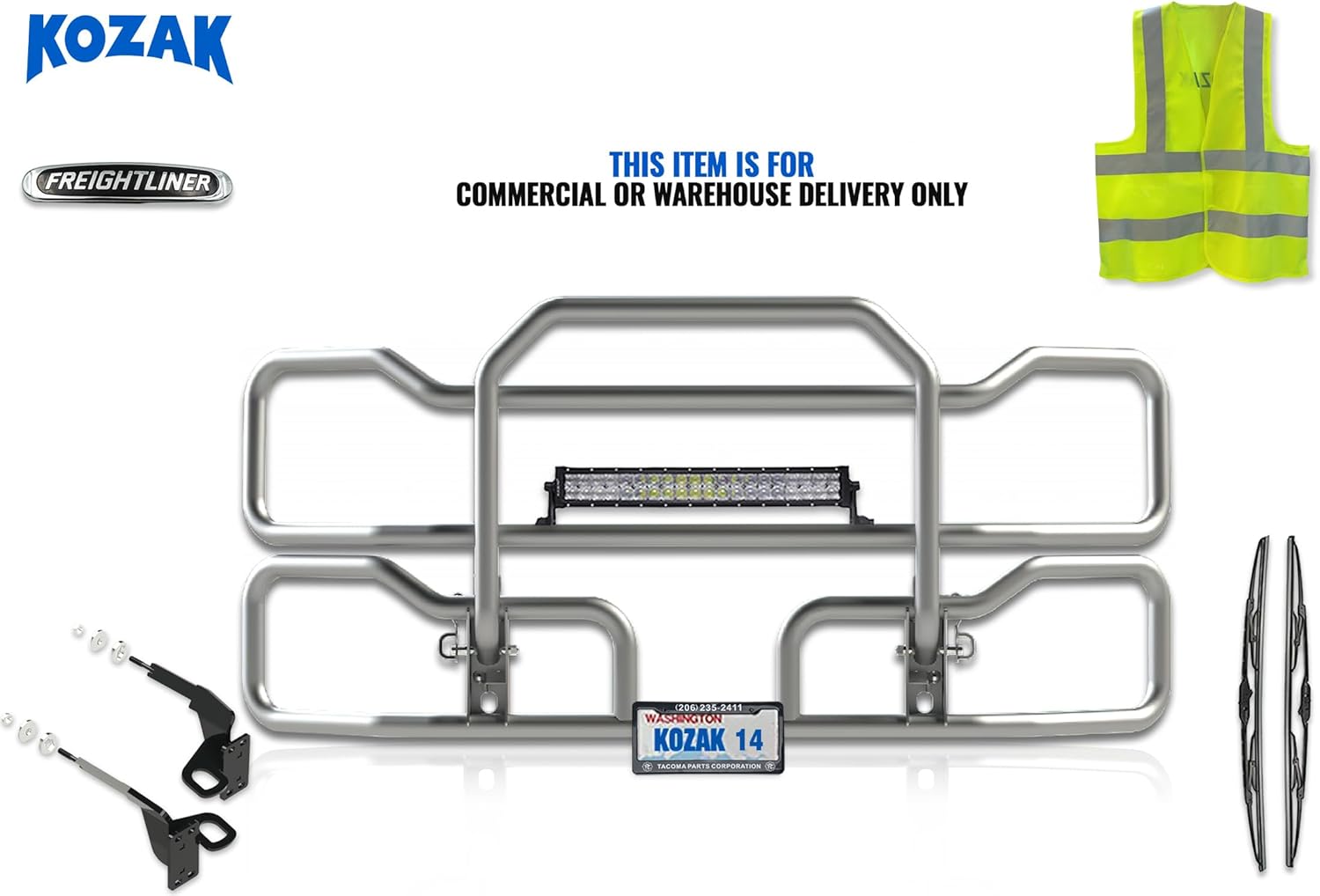 Front Grille Guard Compatible with Freightliner Cascadia 2018 and Newer with FOGLIGHTS PLUS Bracket, Logo, 22" LED Light Bar, Wipers, License Plate Holder and Frame, Vest