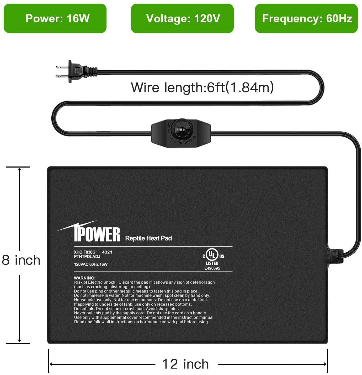 iPower Podkładka grzewcza dla gadów 20 x 30 cm z pokrętłem regulatora temperatury, ogrzewacz pod zbiornik, mata termiczna dla gadów i płazów