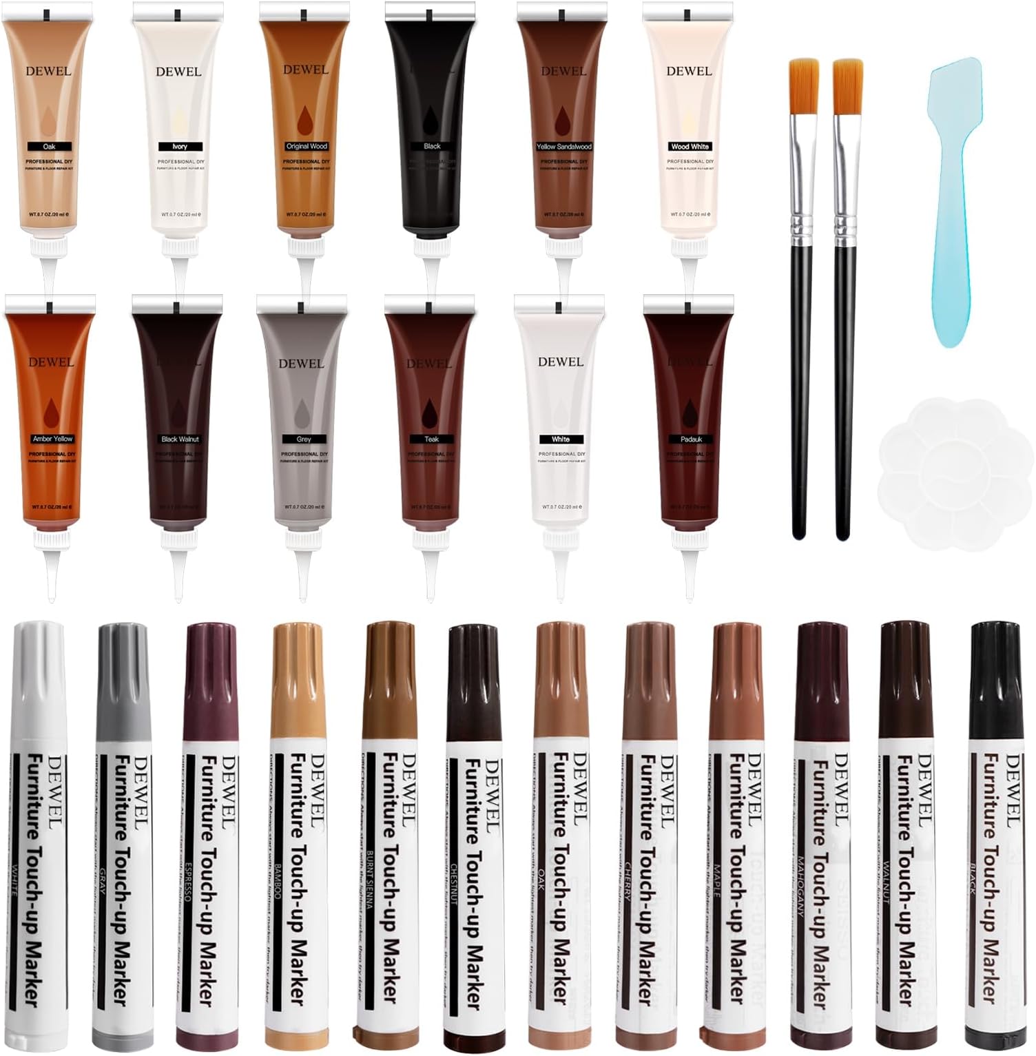 DEWEL Wood Scratch Repair Set, 12 Color Repair Pens, 12 Color Repair Cream, Furniture Repair Markers, For Floors, Doors, Furniture Repair, Conceals Scratches, Screw Holes, Cracks, Nails, Scratches, Burns, Discoloration, Palette/Scraper/Brush Included, 24 Piece Set