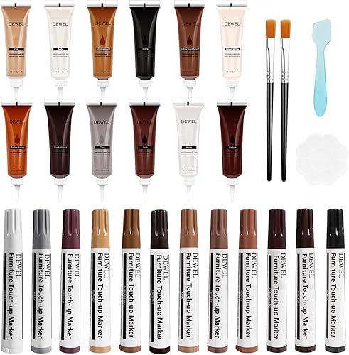 DEWEL Kit de reparación de muebles de madera, kit de reparación de arañazos para suelos de madera, 12 colores marcadores de retoque de muebles y