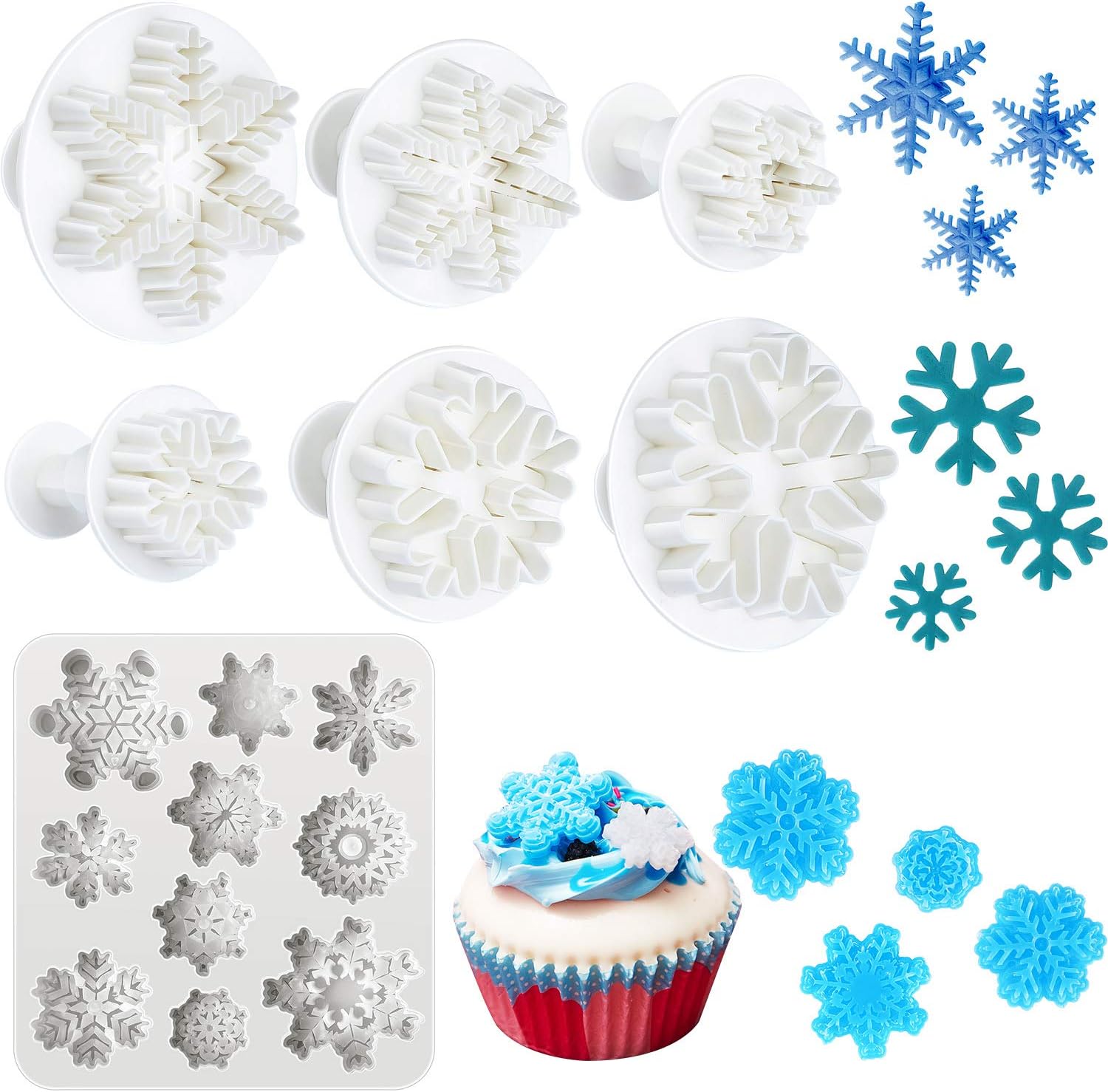 Patelai 7 Pcs Snowflake Mold Set Includes 6 Pcs Snowflake Fondant Cutters and 3D Silicone Molds Plunger Cookies Cutters for Winter Candy Chocolate Cake Decoration Polymer Clay DIY Project