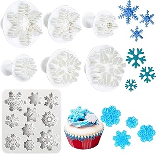 7 Pieces Snowflake Mold Set, Includes 6 Pieces Snowflake Plunger Cutters and 3D Snowflake Silicone Molds, Snowflake Christmas Fondant Molds for Party Decoration, Polymer Clay Crafting Projects