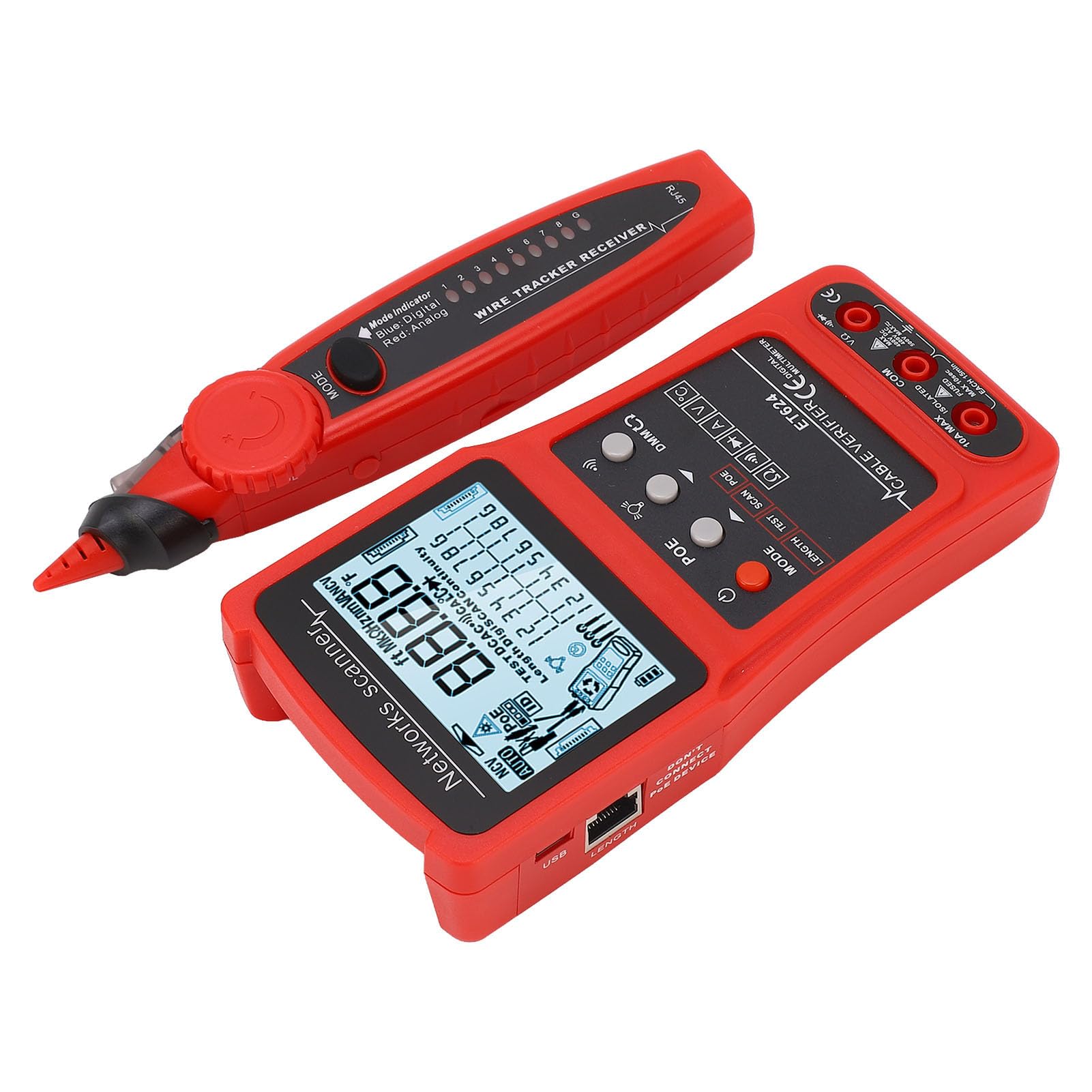 Yinhing Multifunktionaler Wire -Kabeltester mit POE-Prüfung, Digitaler Schaltkreisanalysator mit Eingebauter Batterie für CAT5- und CAT6-Ethernet-Kabel, Spannungsprüfung, Fehlerort und -länge