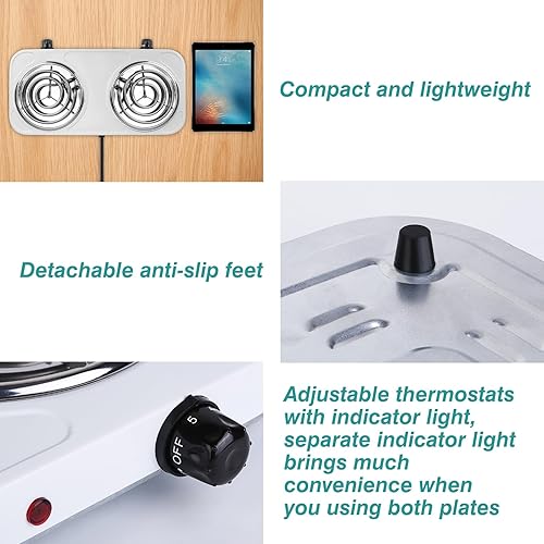 Miniatura 7 de Placa de cocción eléctrica, estufa eléctrica portátil de 2000 W, quemadores de doble bobina con control dual y control de temperatura de 5 niveles,