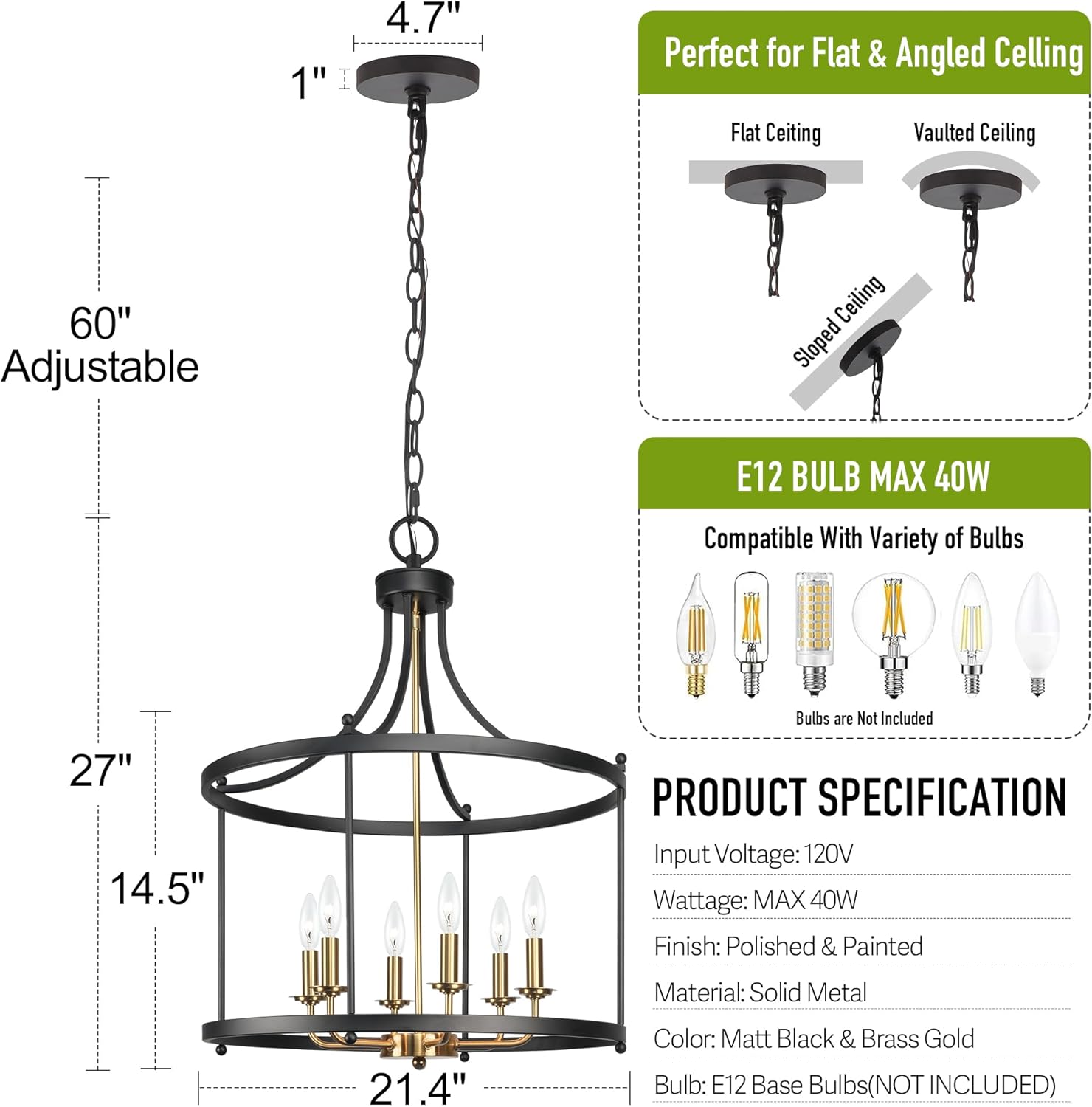 6-Light Black and Gold Drum Chandelier, 21" Brushed Brass Modern Farmhouse Pendant Lighting Fixture for Kitchen Island, Dining & Living Room