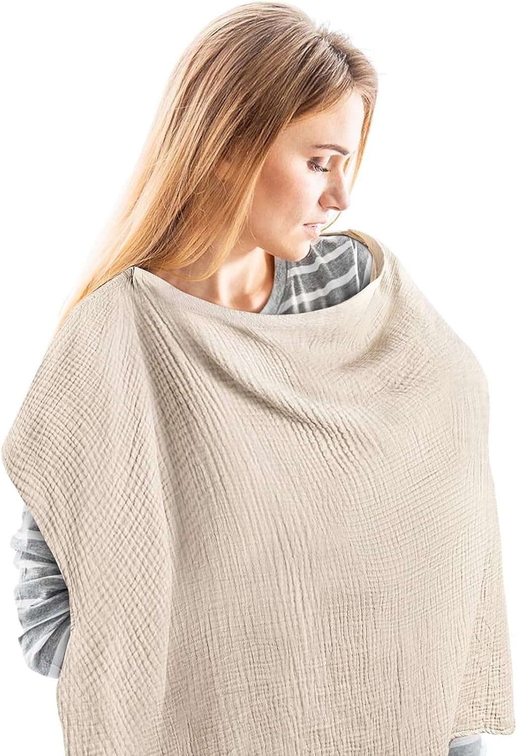 BBAUER Muslin Nursing Cover for Breastfeeding, Soft Cotton Breastfeeding Cover with Rigid Hoop for Baby, Multi-use Adjustable Nursing Apron Cover | Carseat Cover (Khaki)