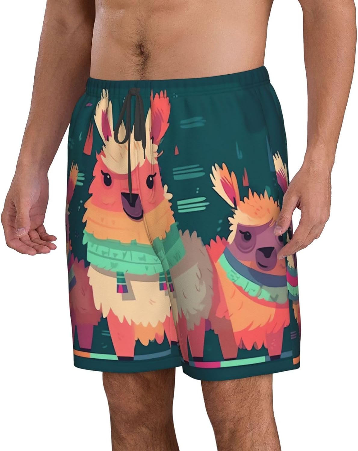 Men's Swim Trunks Quick Dry Beach Shorts Summer Bathing Suit Cute Llama Cartoon Swimwear Beachwear with Pockets