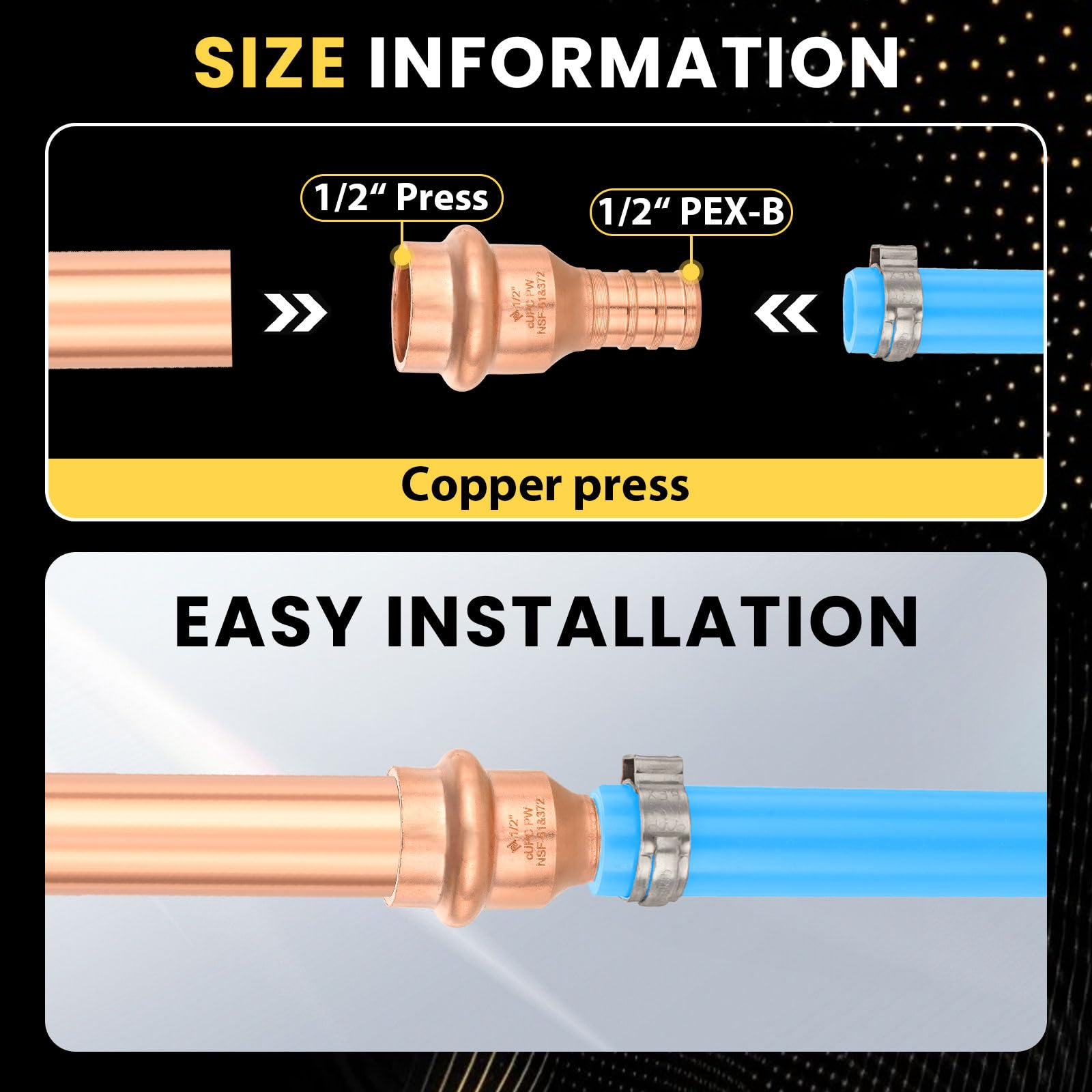 Paquete de 10 Conectores Foskan de 1/2" PEX con engaste x 1/2" de Cobre a presión, Accesorio de tubería de conexión a presión, diseño LBP para tubería de Cobre.