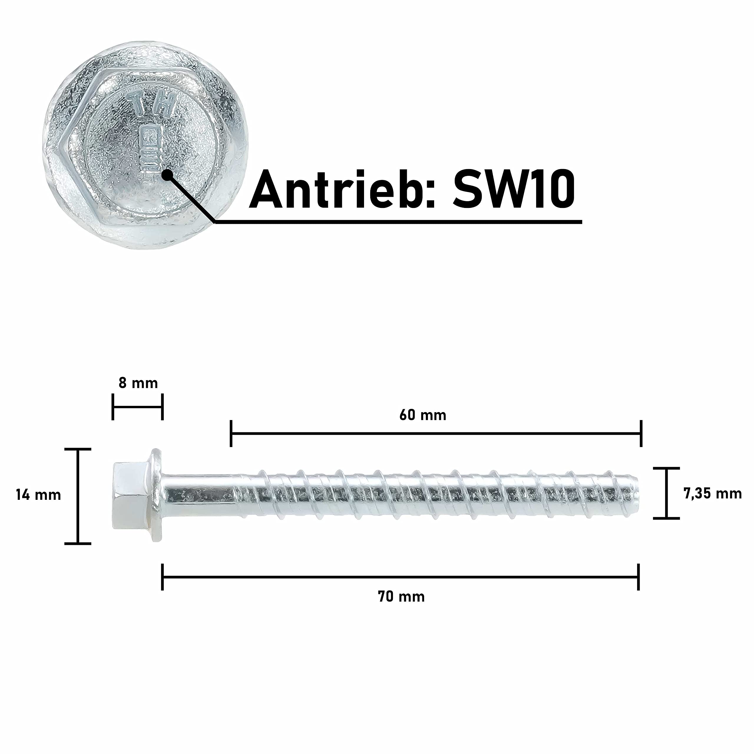 Betonschrauben verzinkt Option 1 Sechskantkopf 6 x 70 mm - 50 Stück