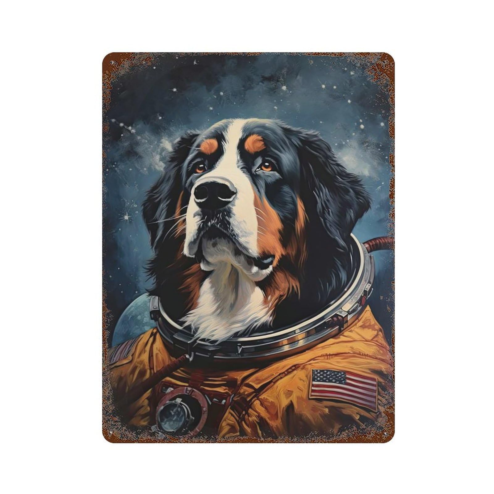 Bernese Mountain Astronaut Rust Effect Tin Sign 15.7"x11.8", Farmhouse Wall Decor for Bistro, Counter And Cafe Decor