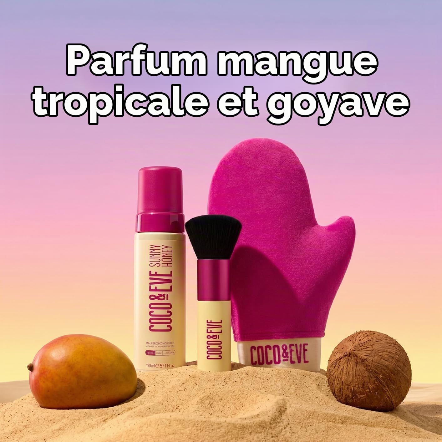 Kit de bronzage Sunny Honey Bali de Coco & Eve (foncé). Mousse de bronzage sans soleil entièrement naturelle. Lotion autobronzante instantanée avec bronzeur, gant applicateur et pinceau kabuki.