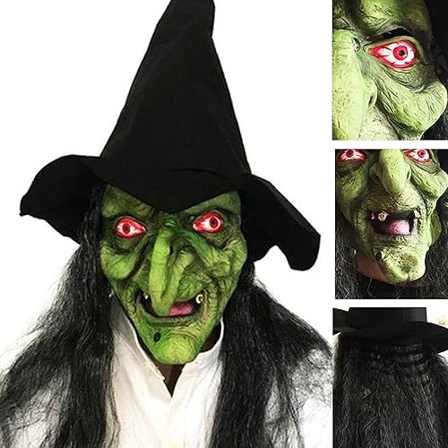 Miniatura 6 de DULRLLY Máscara de anciana aterradora para Halloween, máscara de bruja de látex espeluznante con ojos rojos, máscara de bruja de cabeza completa