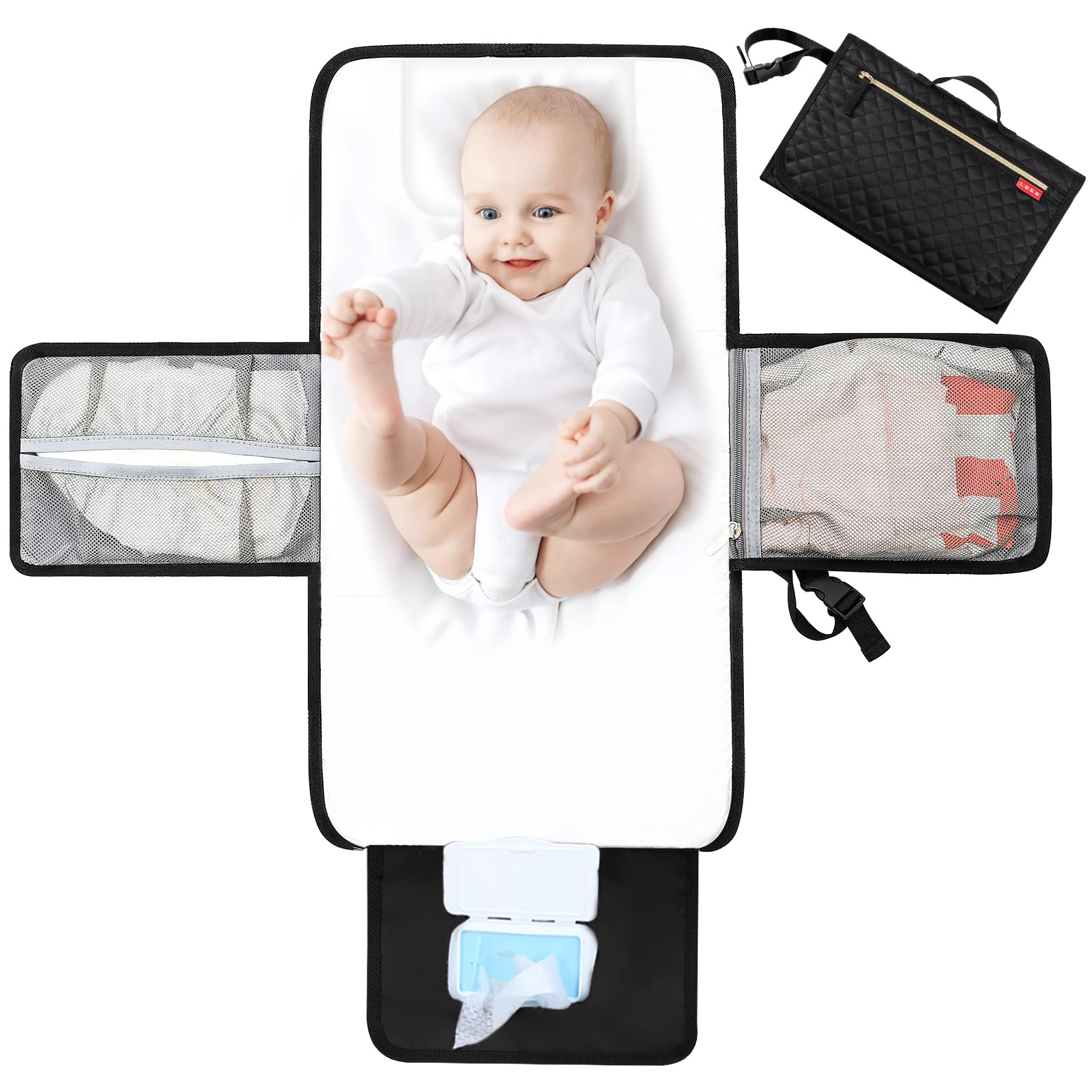 Lekebaby Tragbare Wickelunterlage Unterwegs, Baby Wickelunterlage Waschbar mit 3 Fächern, Wasserdichte faltbare Windeltasche mit Tuchspender und bequemes Kopfkissen