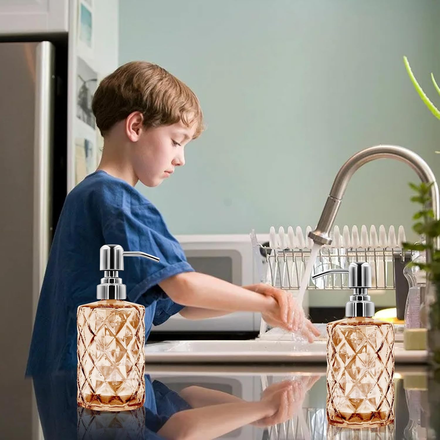 2 Pack 12 Oz Glass Soap Dispenser with Stainless Steel Pump, Refillable Liquid Hand Soap Dispenser for Bathroom, Vanity Countertop, for Kitchen, Laundry Room, Home Decor Accessories (Multicolour) 3