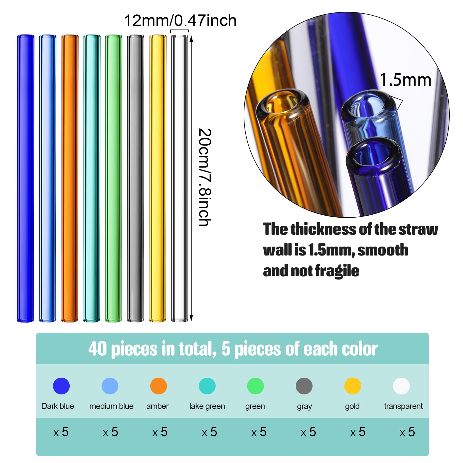 Layhit 40 pajitas de vidrio reutilizables a granel de 12 x 200 mm de alto borosilicato colorido recto pajitas de vidrio resistentes a los golpes para jugo, té, café, cócteles, limonadas, batidos, té