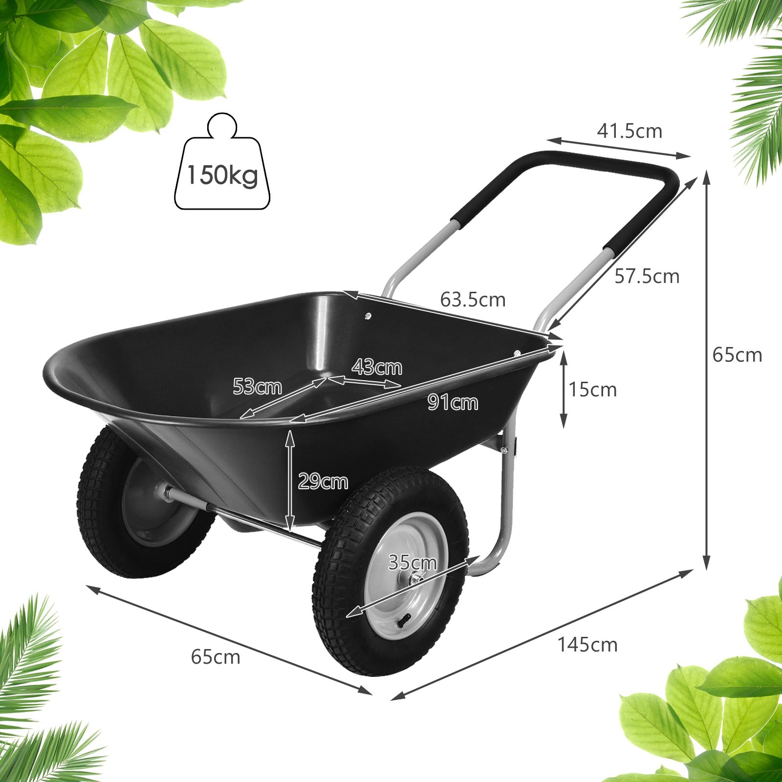 SOARS Carretilla de 100 litros de volumen, carretilla de jardín con 2 neumáticos de aire, mango de goma, carretilla de transporte, ideal para mover el suelo, arbustos de plantas, herramientas de