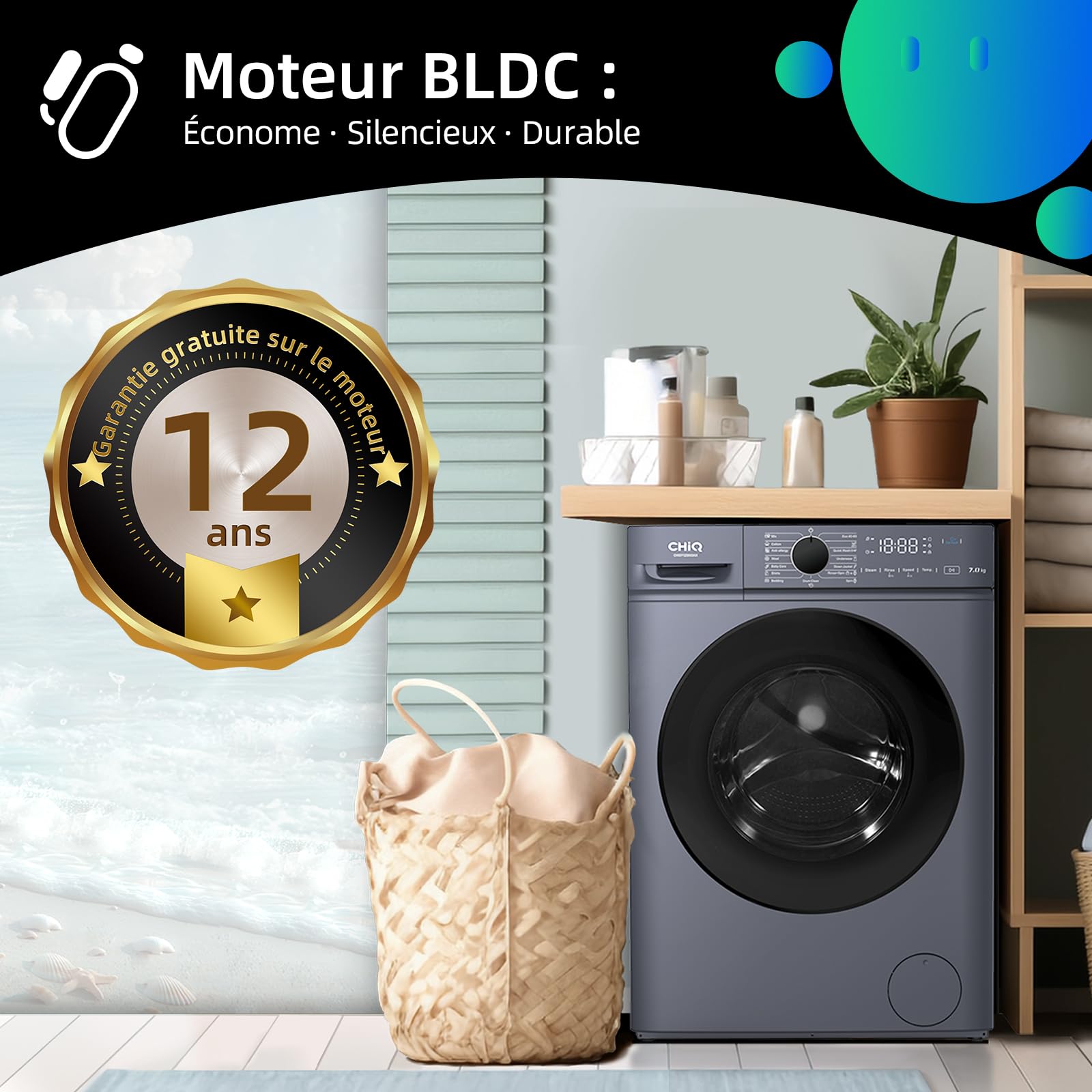 CHiQ Lave linge hublot 7kg Classe énergétique A Moteur BLDC 1200 RPM Lavage vapeur 15 programmes Design compact 60x46.5x85cm Gris
