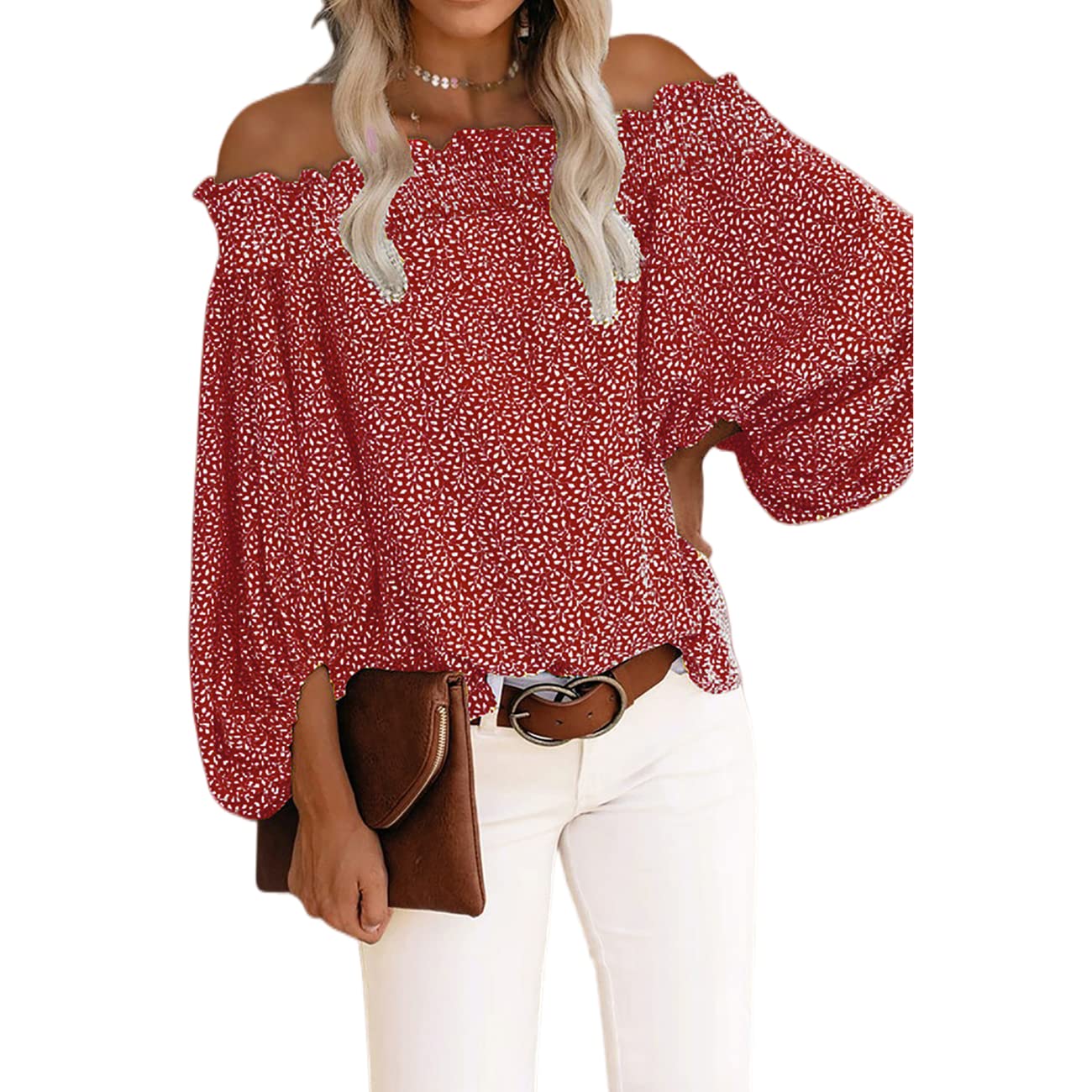 Schulterfreies Oberteil für Damen mit Blumendruck Lange Ärmel sexy Sommerhemden schulterfreie Oberteile für Damen schulterfreie Blusen T-Shirts V-Ausschnitt Hemdbluse Schulterfreies Chiffonhemd