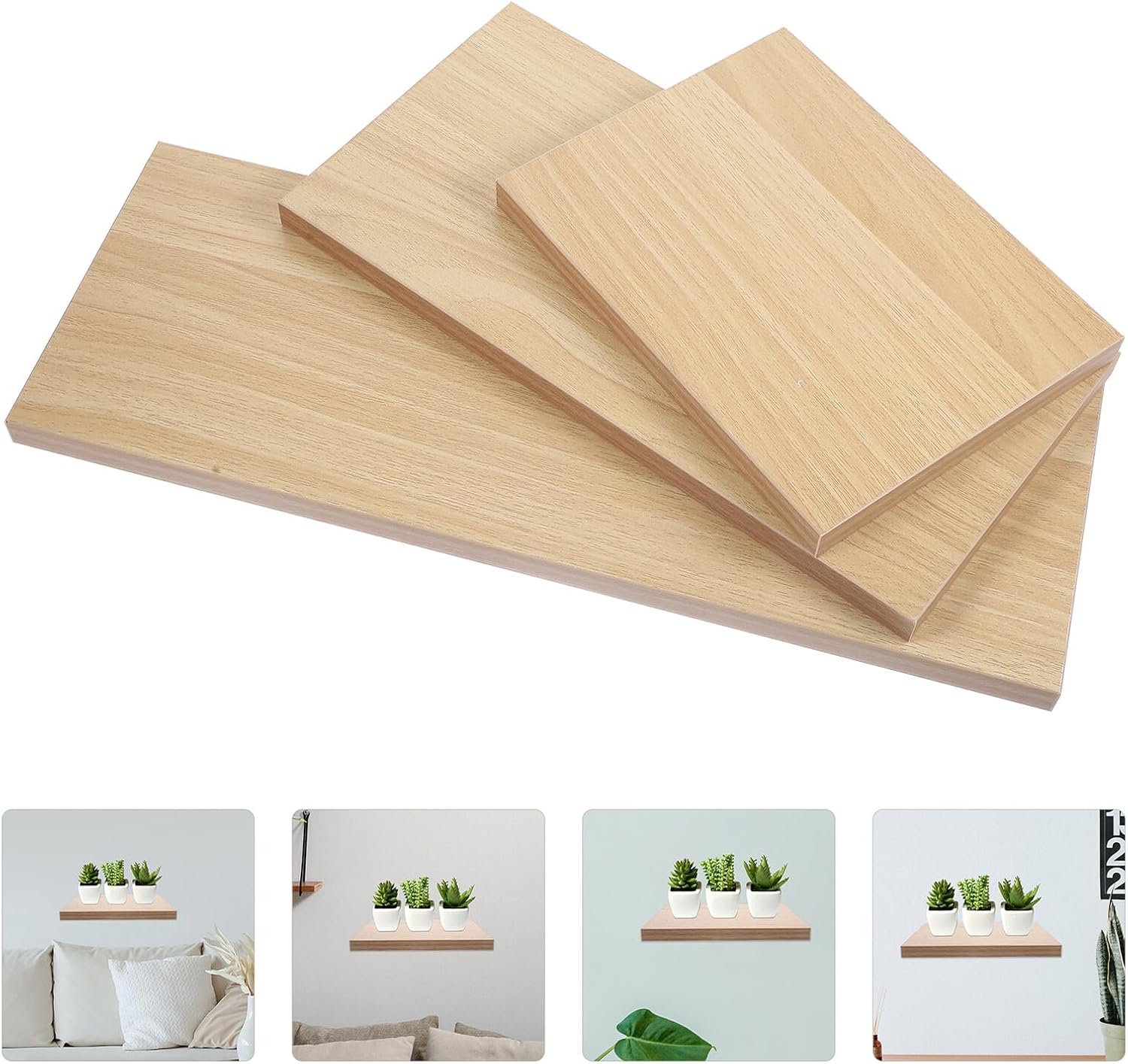 minkissy Wooden Floating Wall Shelf Rack Rectangular Wall-Mounted Storage Shelf in Light Walnut for Bedroom and Living Room Organization