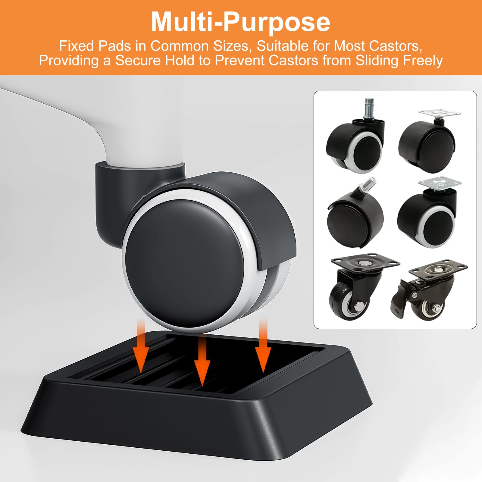 4 Pezzi Coppe Bloccaruote in Gomma per Mobili, 8CM Quadrato Scanalato Design Blocca Ruote Sedia Gaming, Piano Caster Cups, Silenziosi Cuscini per Ruote Mobili, Letti, Divani e Sedie (Nero)