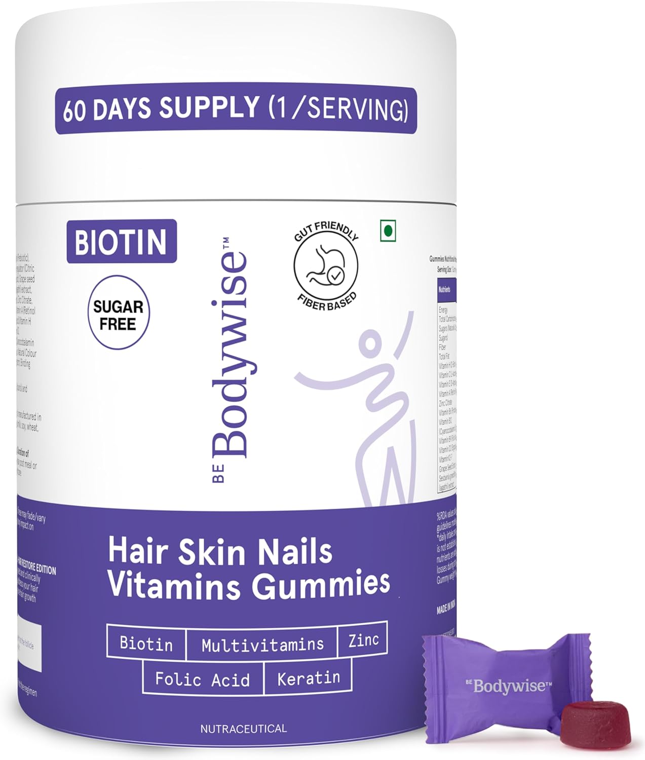Be Bodywise Biotin Hair Growth Gummies for Women I Sugar Free I Hair Skin and Nails Vitamins I Biotin, Zinc, Folic Acid, Vitamin C, Keratin & Multivitamin I 100% Vegan, Gluten Free I 60 Day Pack Be Bodywise Biotin Hair Growth Gummies for Women I Sugar Free I Hair Skin and Nails Vitamins I Biotin, Zinc, Folic Acid, Vitamin C, Keratin & Multivitamin I 100% Vegan, Gluten Free I 60 Day Pack